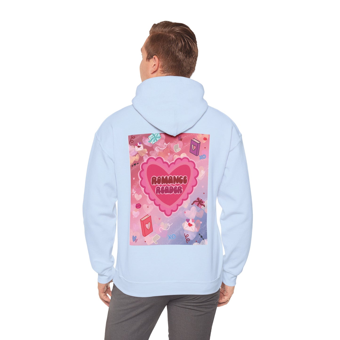 Romance Reader Hoodie — Cute Pink Heart Book Lover Pullover (Black Text)