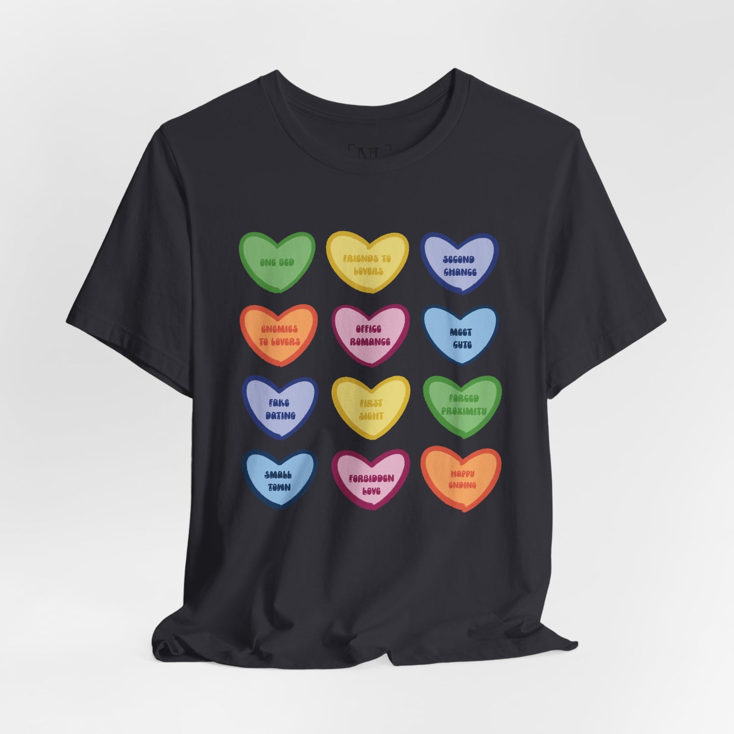 Romance Book Tropes Conversation Heart Graphic Tee — Cute Pastel Candy Hearts with Messages
