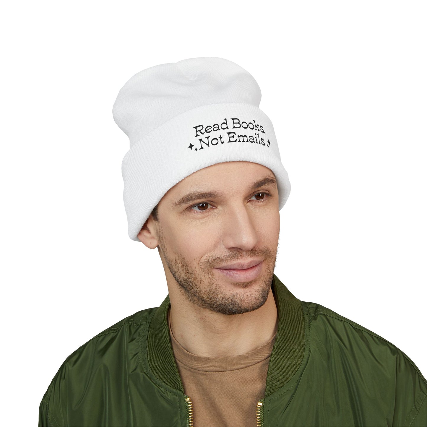 "Read Books Not Emails" - Embroidered Literary Cuffed Beanie (Black Text)