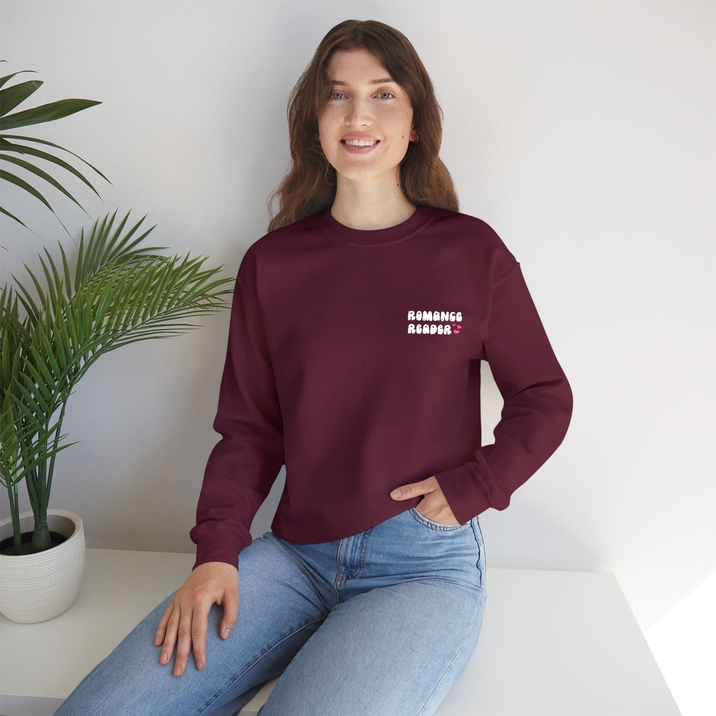 "Romance Reader" - Embroidered Literary Crewneck Sweatshirt (White Text with Pink Hearts)