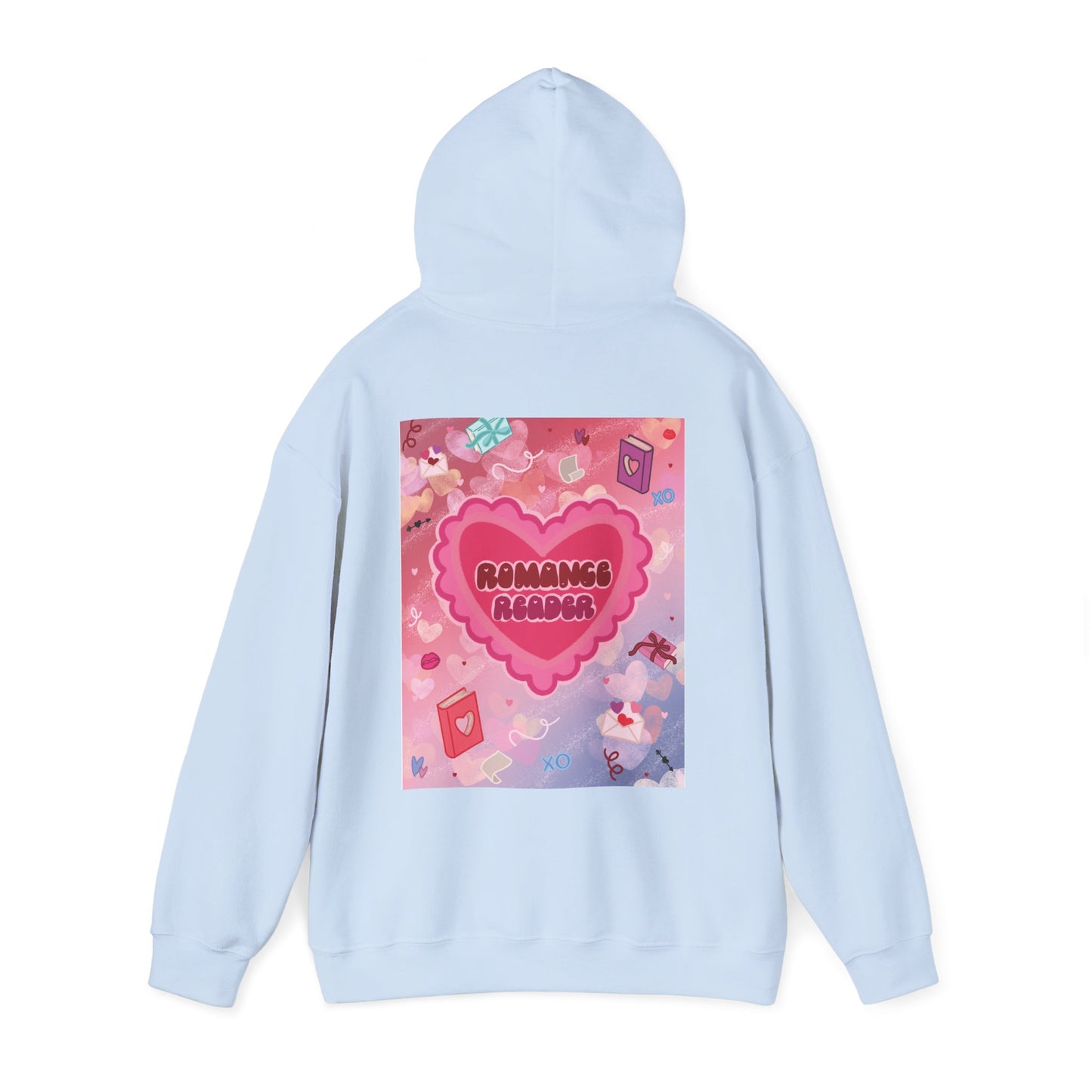 Romance Reader Hoodie — Cute Pink Heart Book Lover Pullover (Black Text)