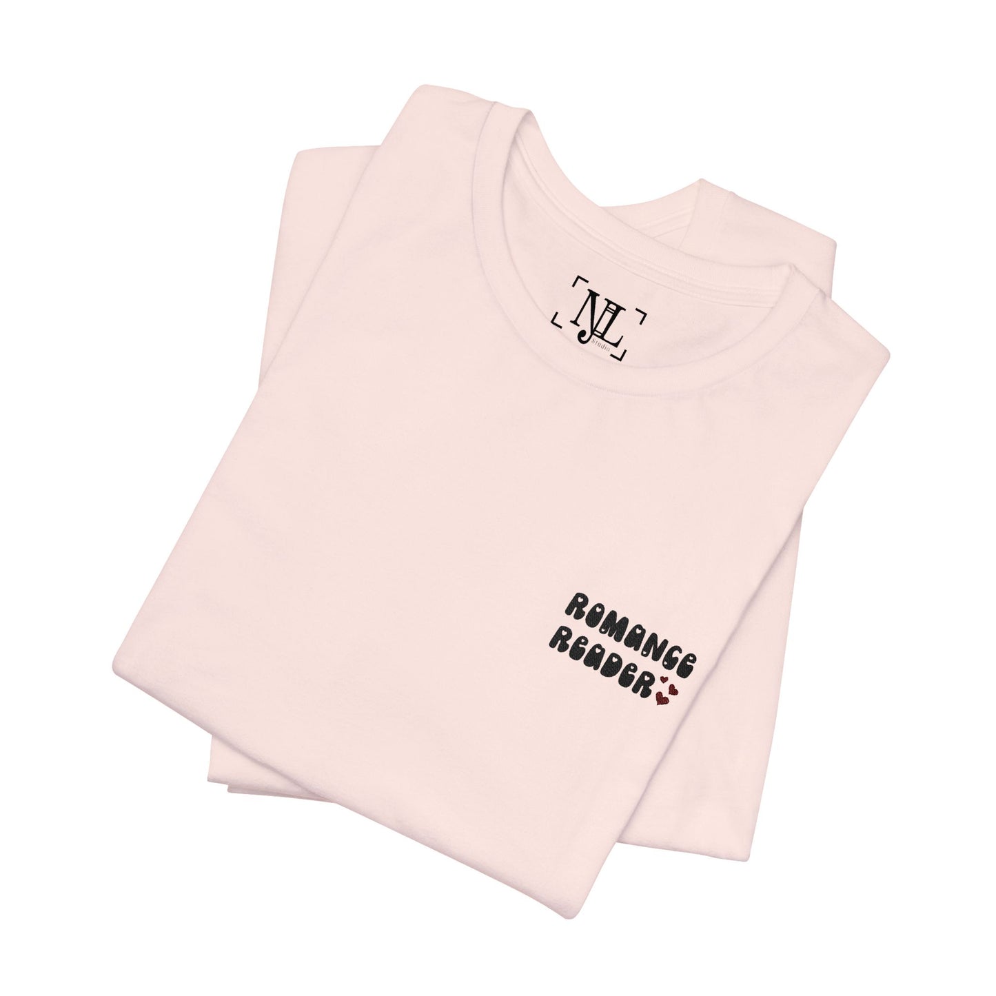 "Romance Reader" - Embroidered Literary Tee (Black Text with Maroon Hearts)
