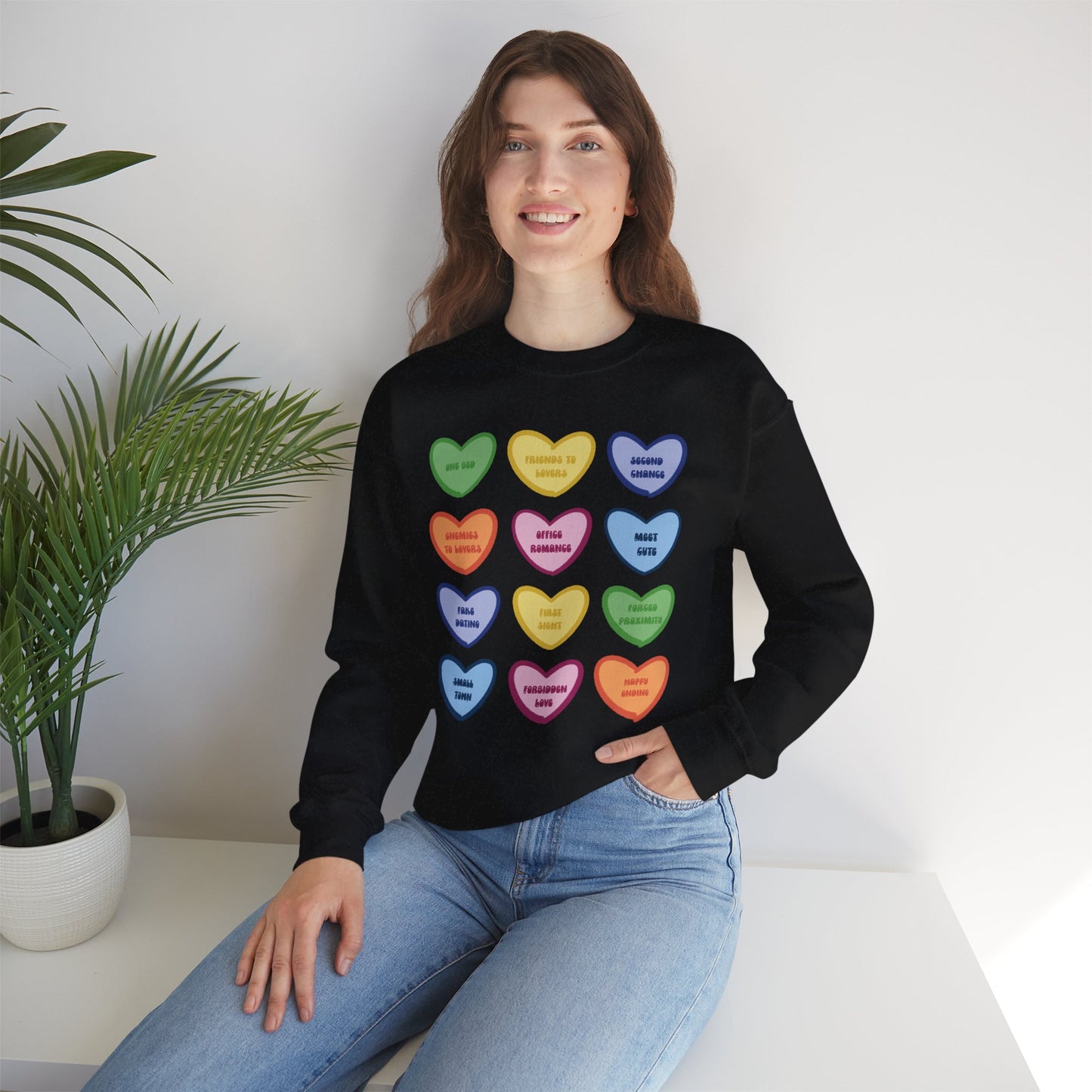 Romance Book Tropes Conversation Heart Sweatshirt — Colorful Valentine Candy Heart Graphic Crewneck