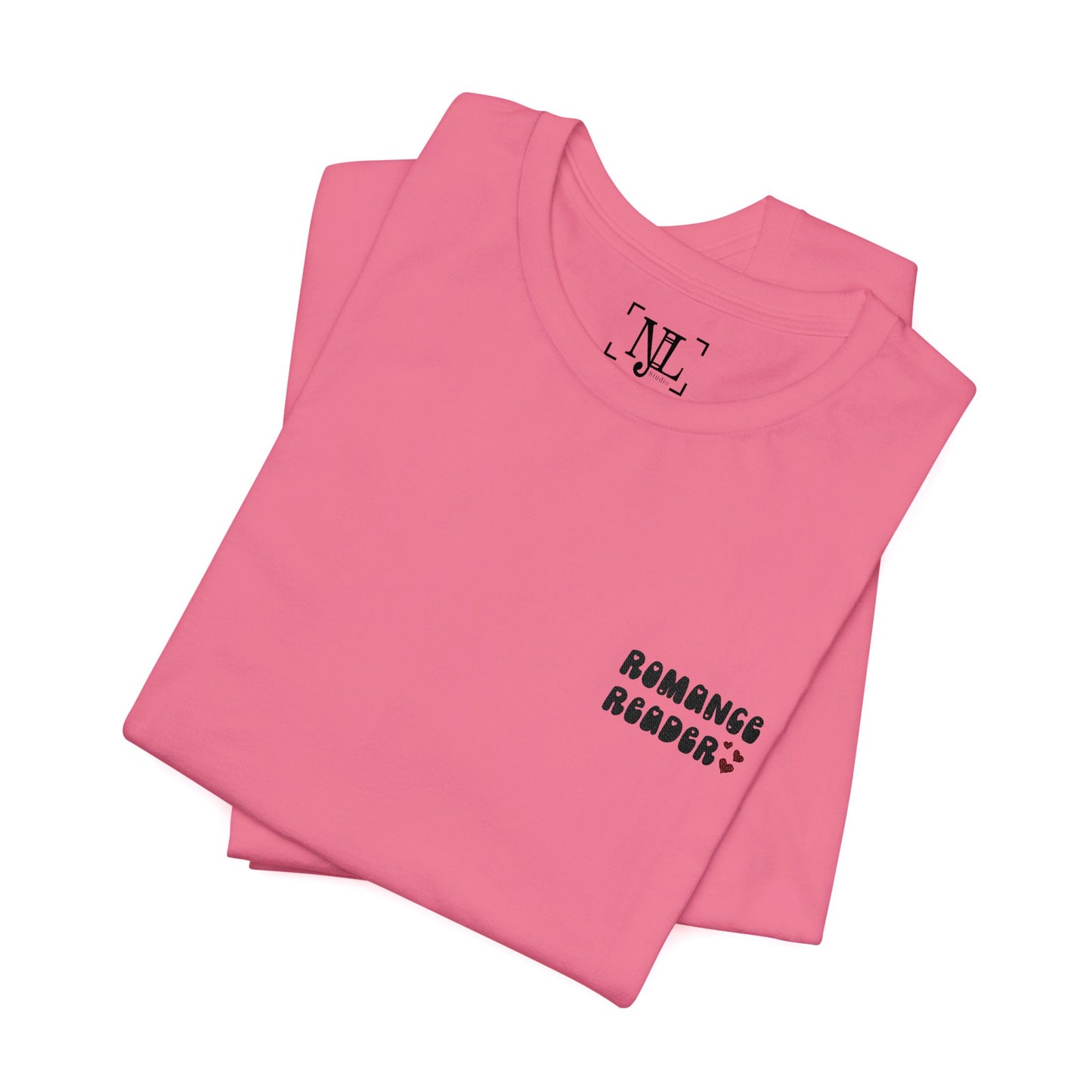 "Romance Reader" - Embroidered Literary Tee (Black Text with Maroon Hearts)
