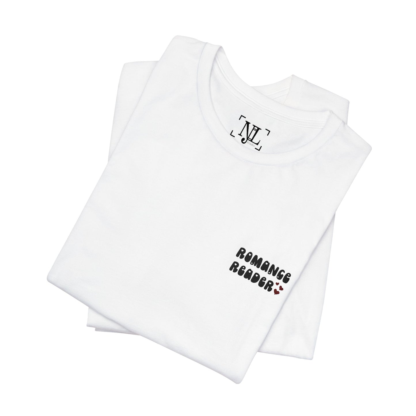 "Romance Reader" - Embroidered Literary Tee (Black Text with Maroon Hearts)