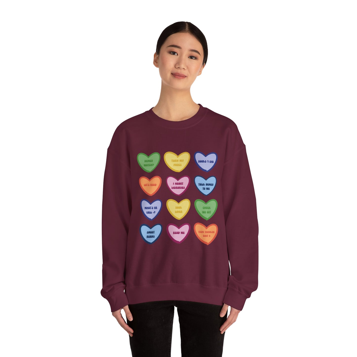 Library Themed Conversation Heart Sweatshirt — Colorful Valentine Candy Heart Graphic Crewneck