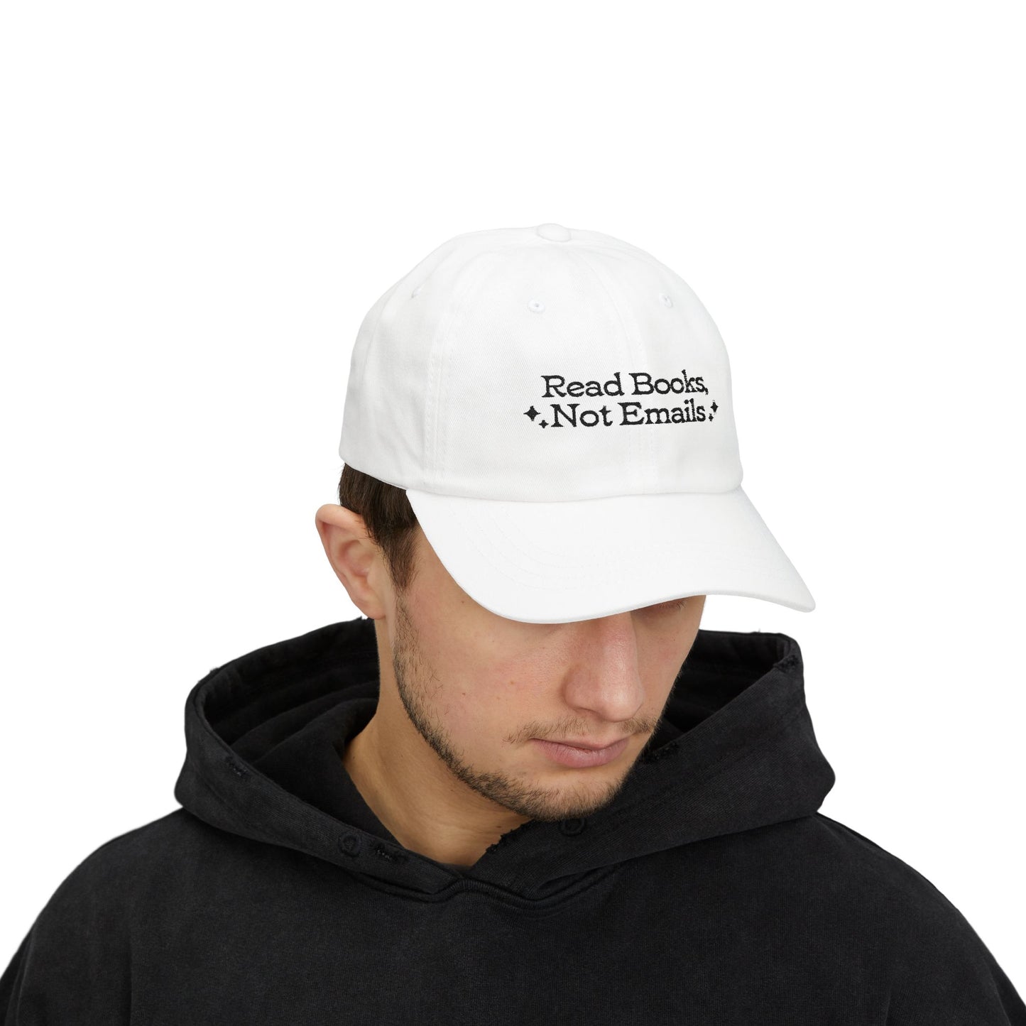 "Read Books Not Emails" - Embroidered Literary Dad Baseball Cap (Black Text)
