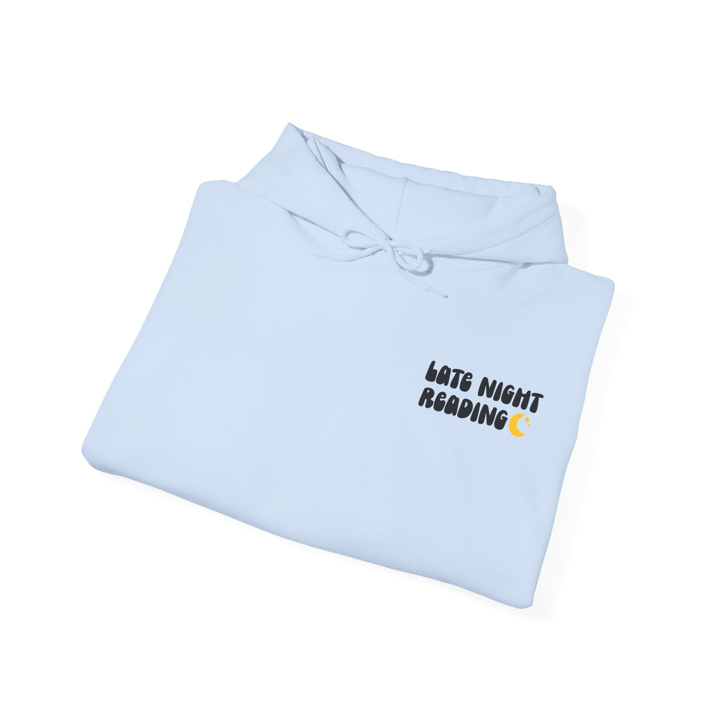 Late Night Reading Hoodie — Cozy Book Lover Pullover with Moon & Books Graphic (Black Text)