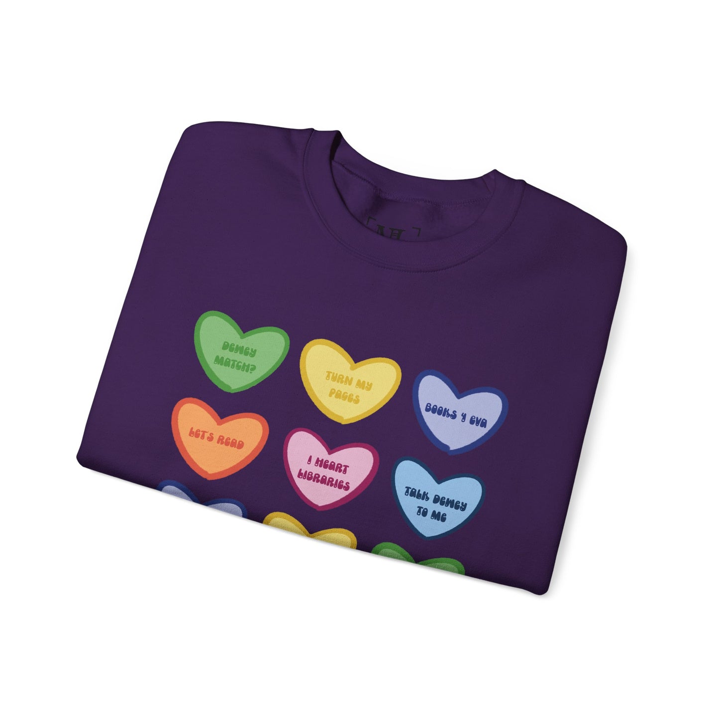 Library Themed Conversation Heart Sweatshirt — Colorful Valentine Candy Heart Graphic Crewneck