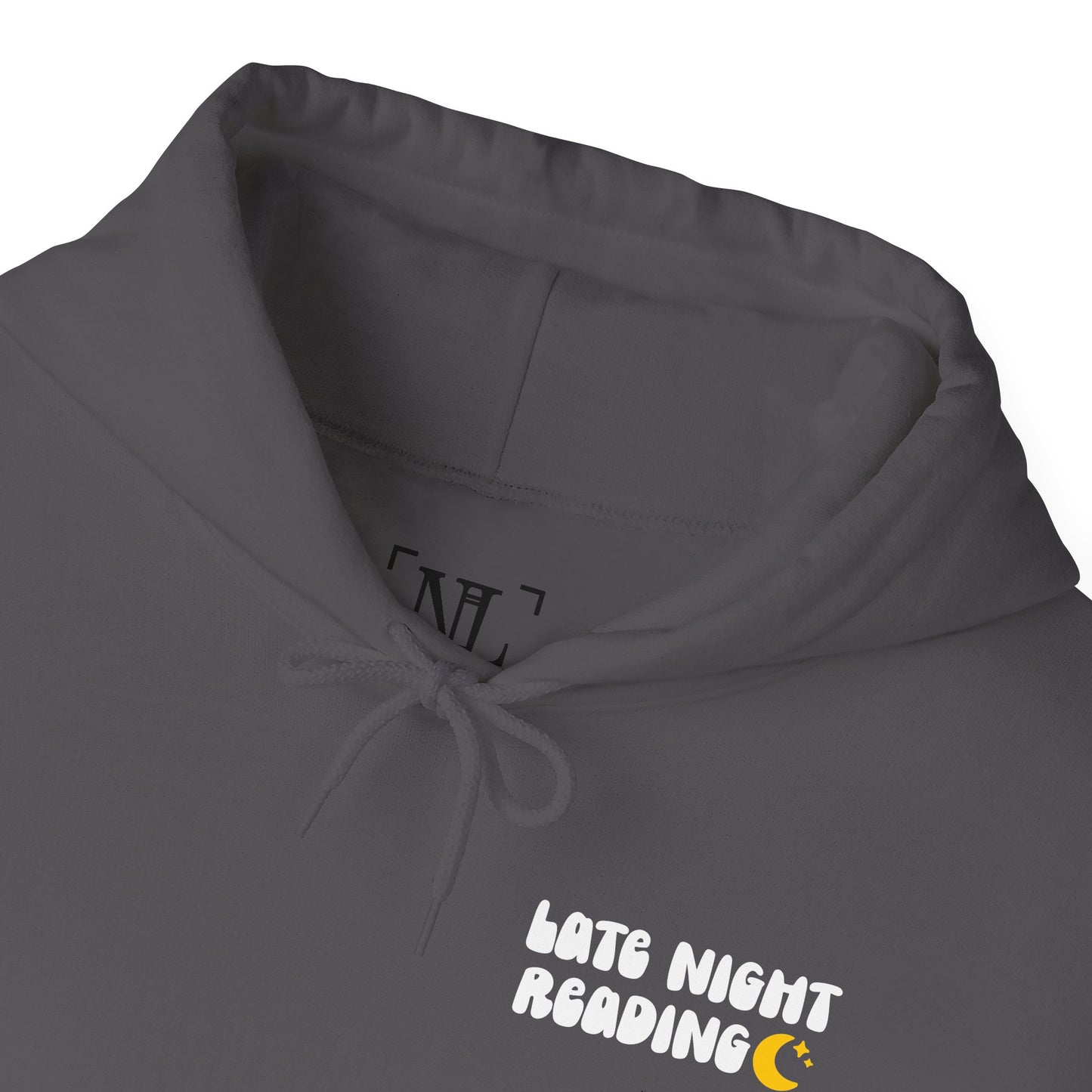 Late Night Reading Hoodie — Cozy Book Lover Pullover with Moon & Books Graphic (White Text)