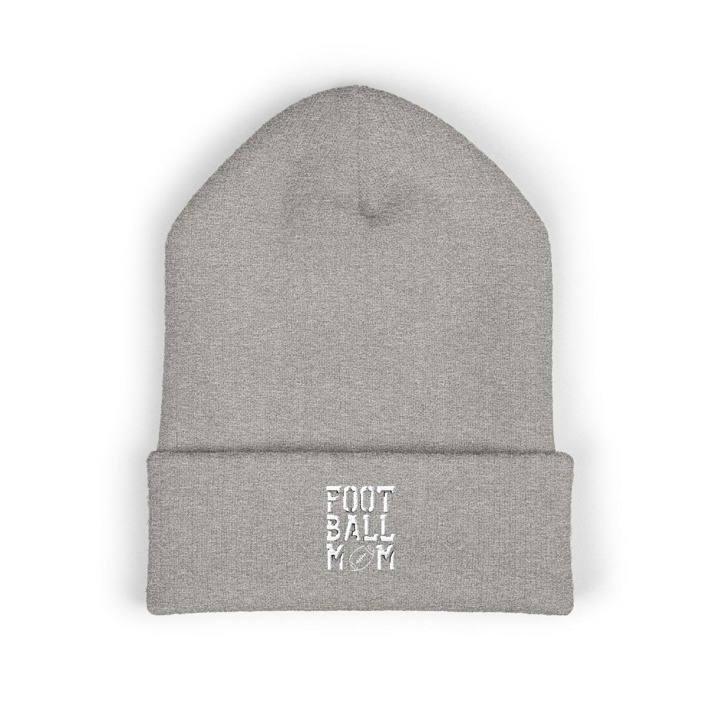 Football Mom Embroidered Cuffed Beanie – Cozy Sideline Knit Hat (White Text)