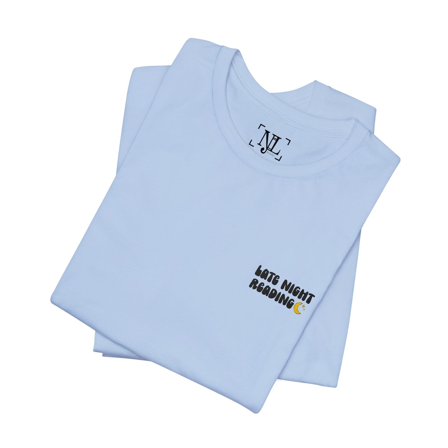 Late Night Reading - Embroidered Literary Tee (Black Text)