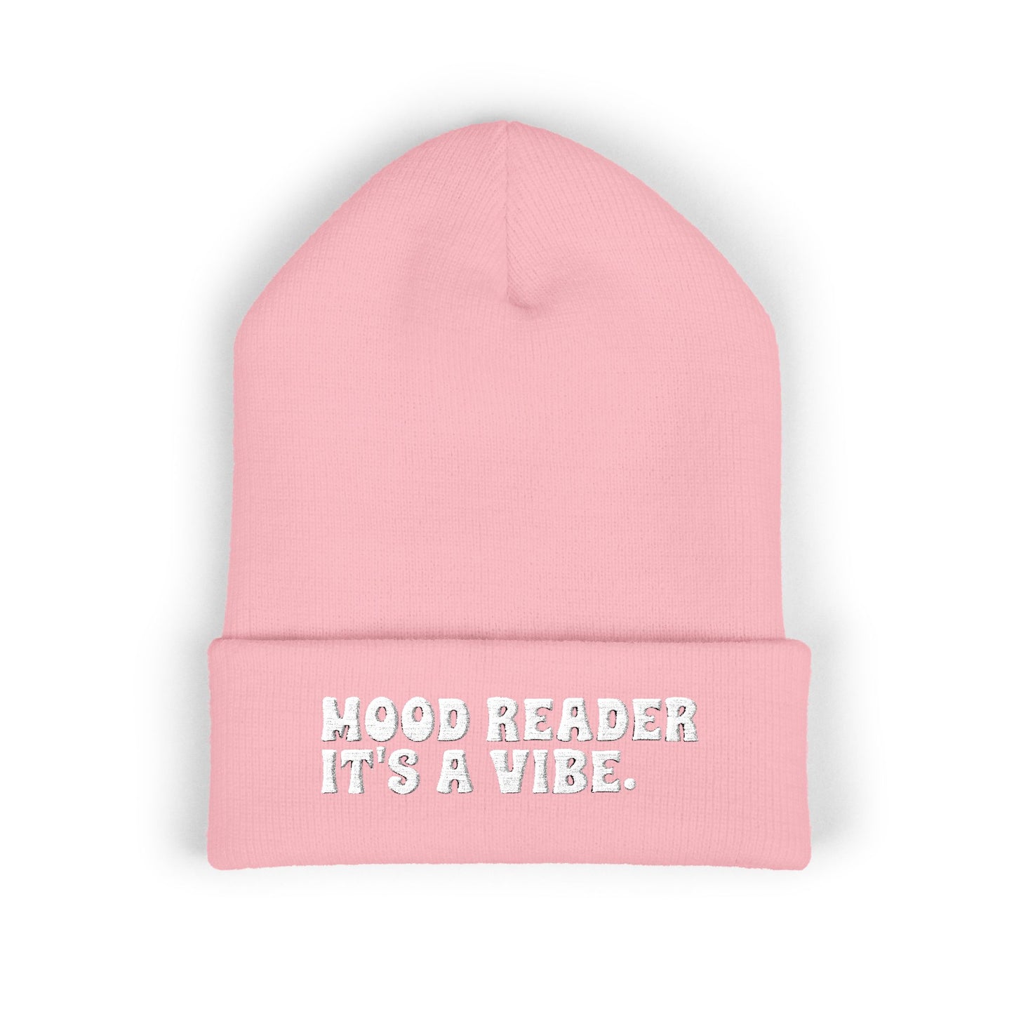 "Mood Reader It's a Vibe." - Embroidered Literary Cuffed Beanie (White Text)