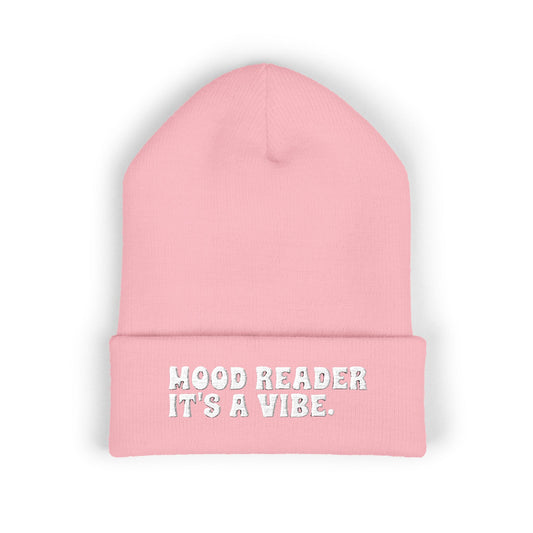 "Mood Reader It's a Vibe." - Embroidered Literary Cuffed Beanie (White Text)