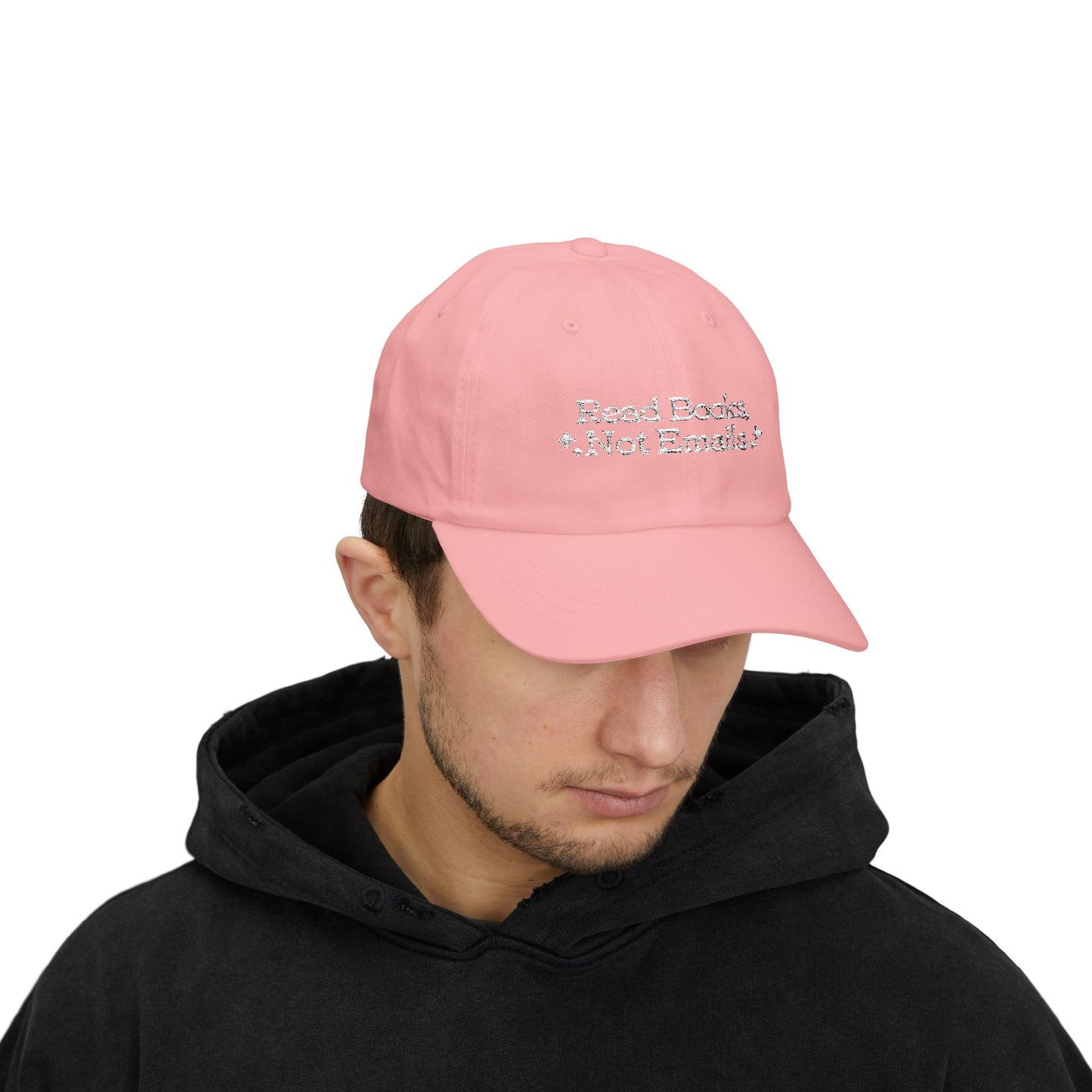 "Read Books Not Emails" - Embroidered Literary Dad Baseball Cap (White Text)