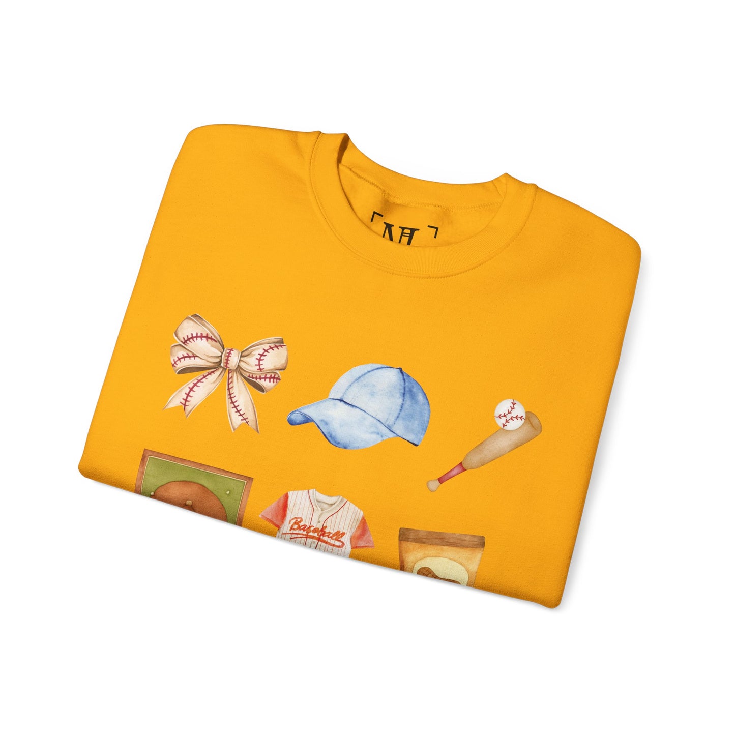 Baseball Icons Crewneck Sweatshirt — Watercolor Baseball Gear Graphic