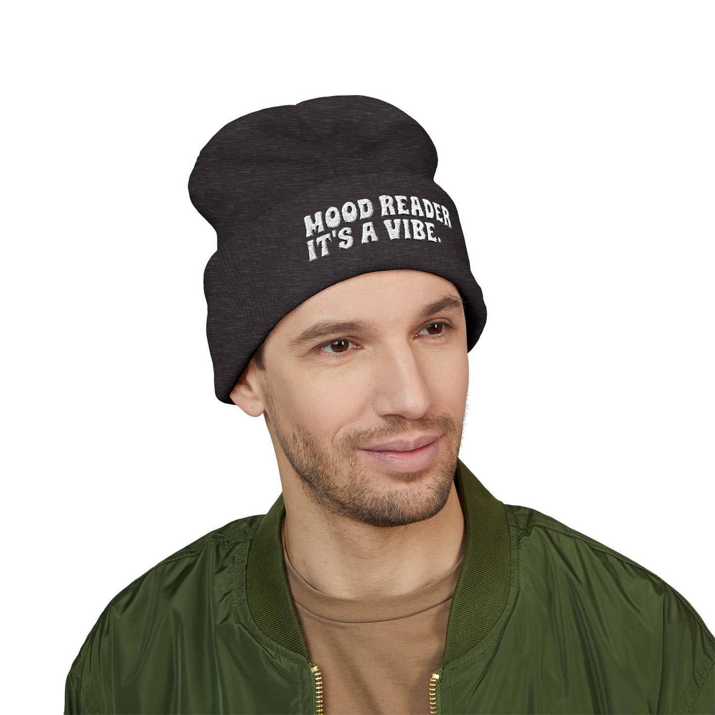 "Mood Reader It's a Vibe." - Embroidered Literary Cuffed Beanie (White Text)