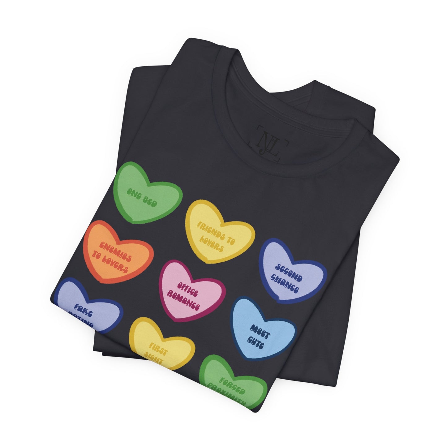 Romance Book Tropes Conversation Heart Graphic Tee — Cute Pastel Candy Hearts with Messages