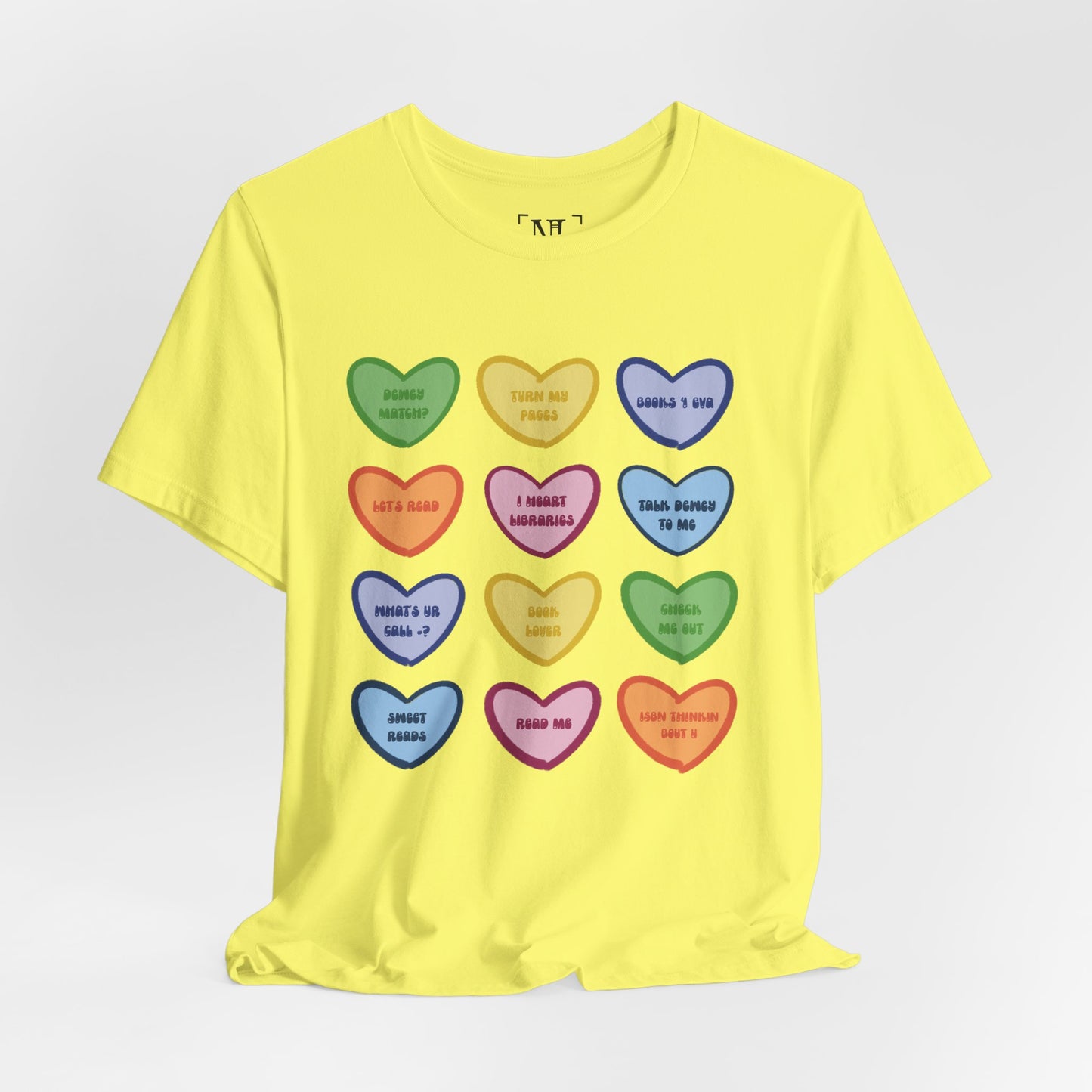 Library Conversation Heart Graphic Tee — Cute Pastel Candy Hearts with Messages
