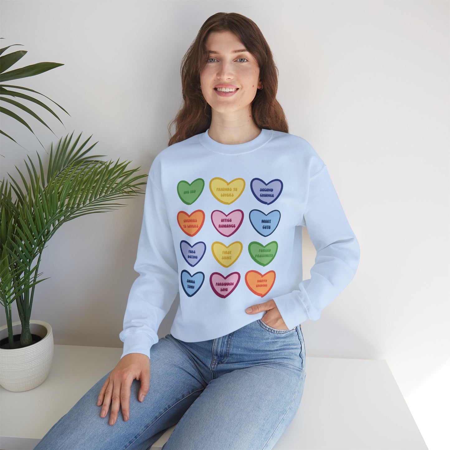 Romance Book Tropes Conversation Heart Sweatshirt — Colorful Valentine Candy Heart Graphic Crewneck