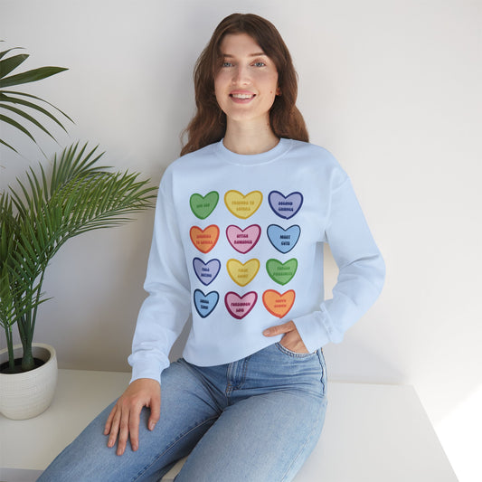 Romance Book Tropes Conversation Heart Sweatshirt — Colorful Valentine Candy Heart Graphic Crewneck