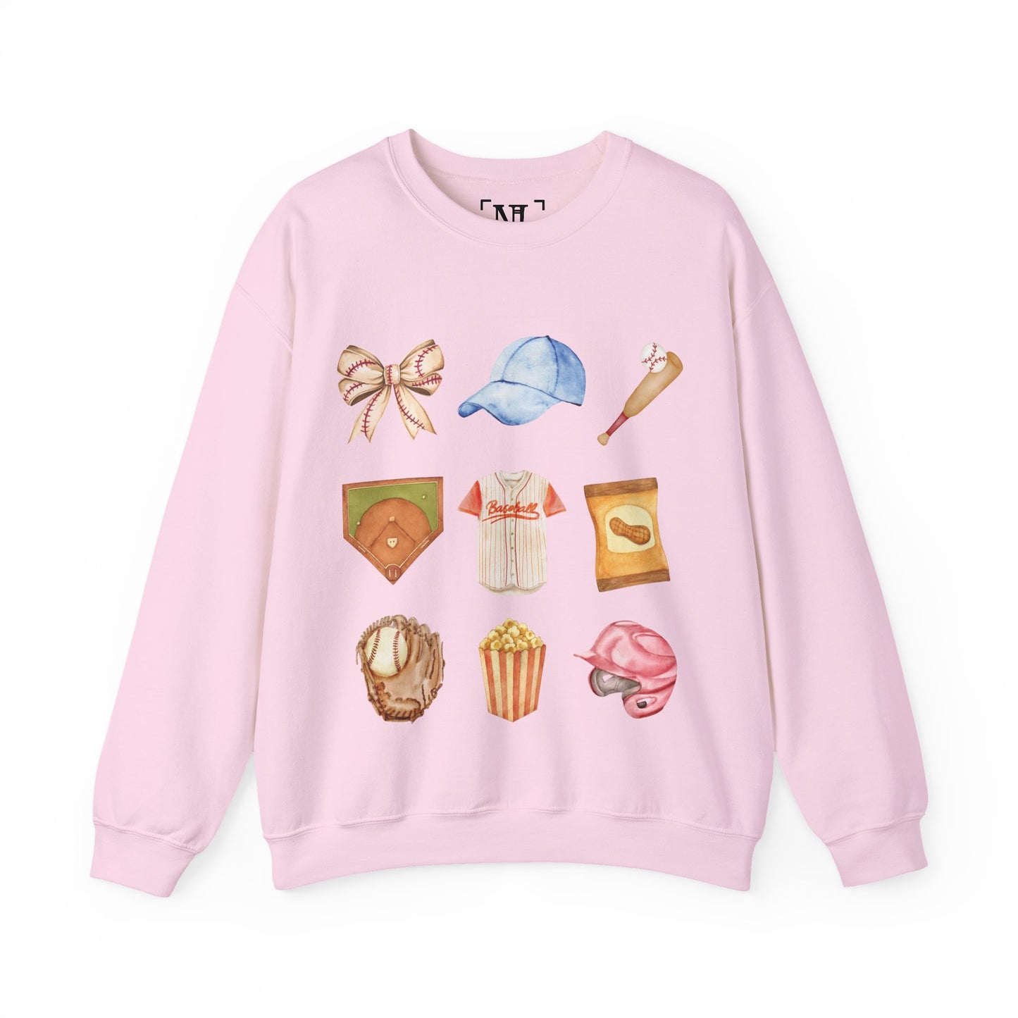 Baseball Icons Crewneck Sweatshirt — Watercolor Baseball Gear Graphic
