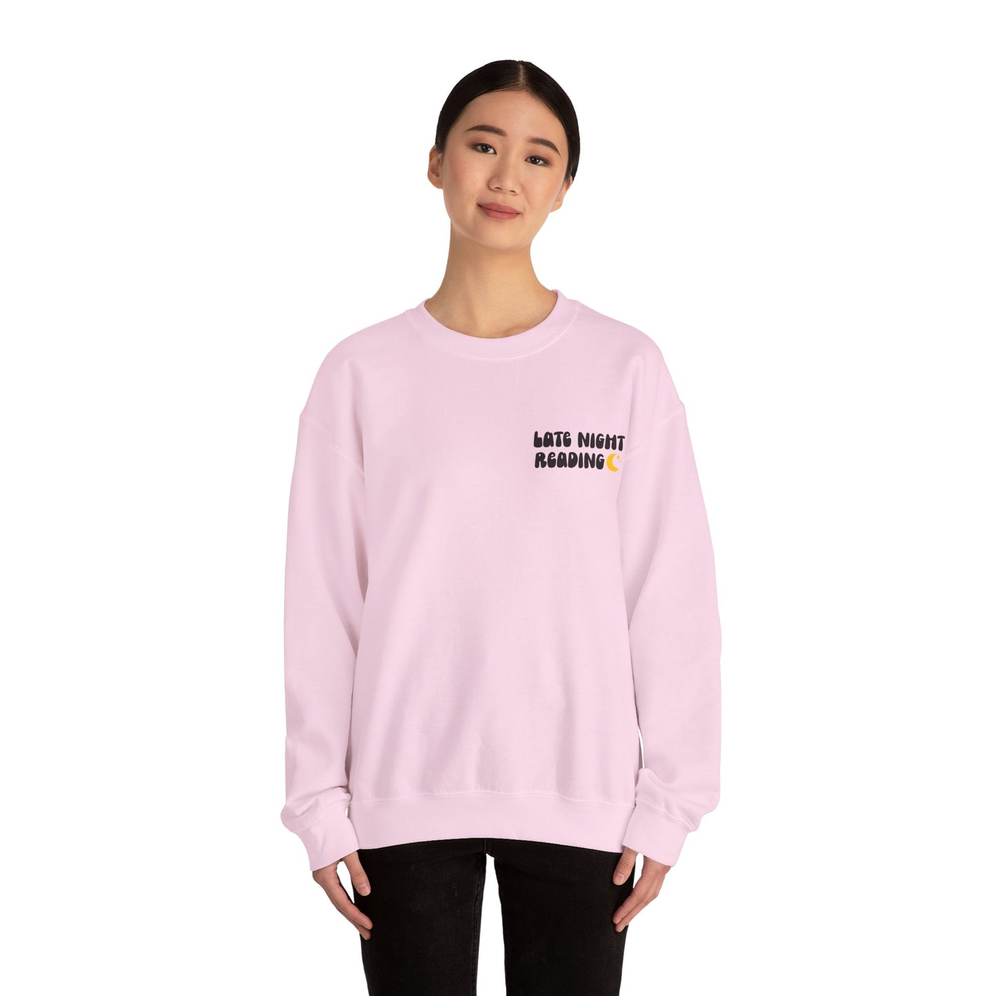 "Late Night Reading " — Cozy Book Lover Crewneck (Black Text)
