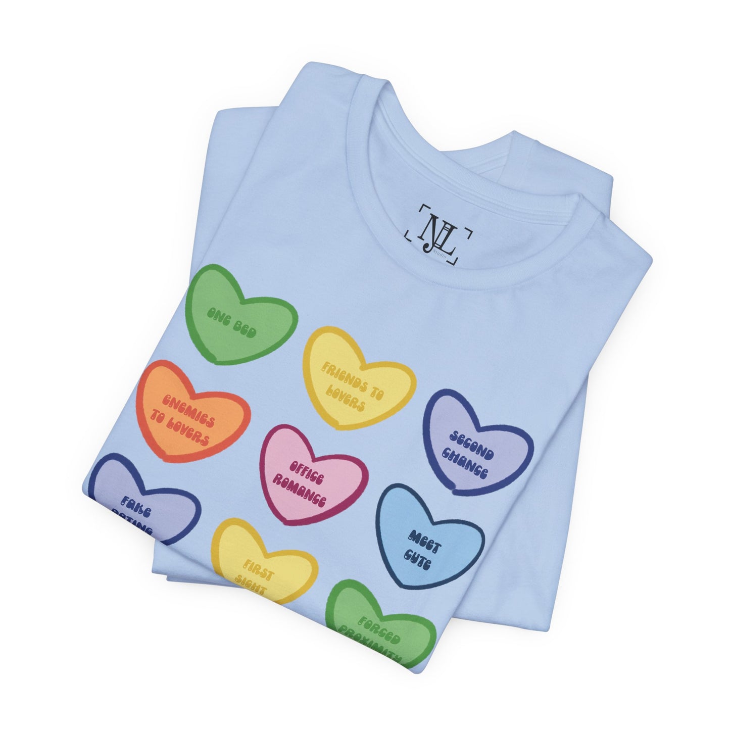 Romance Book Tropes Conversation Heart Graphic Tee — Cute Pastel Candy Hearts with Messages