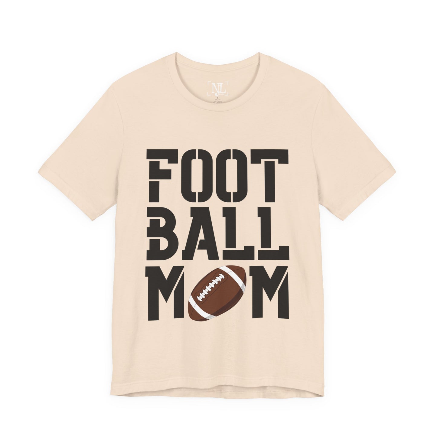 Football Mom T-Shirt – Bold Stacked Text with Football Graphic