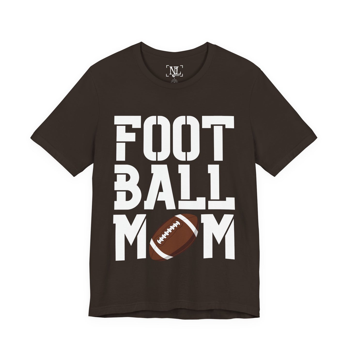 Football Mom T-Shirt – Bold Stacked Text with Football Graphic (White Text)