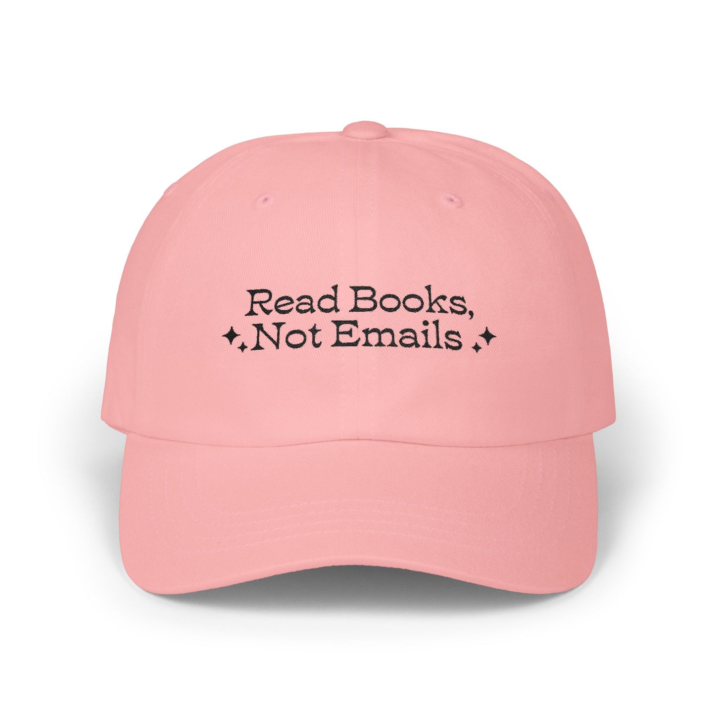 "Read Books Not Emails" - Embroidered Literary Dad Baseball Cap (Black Text)