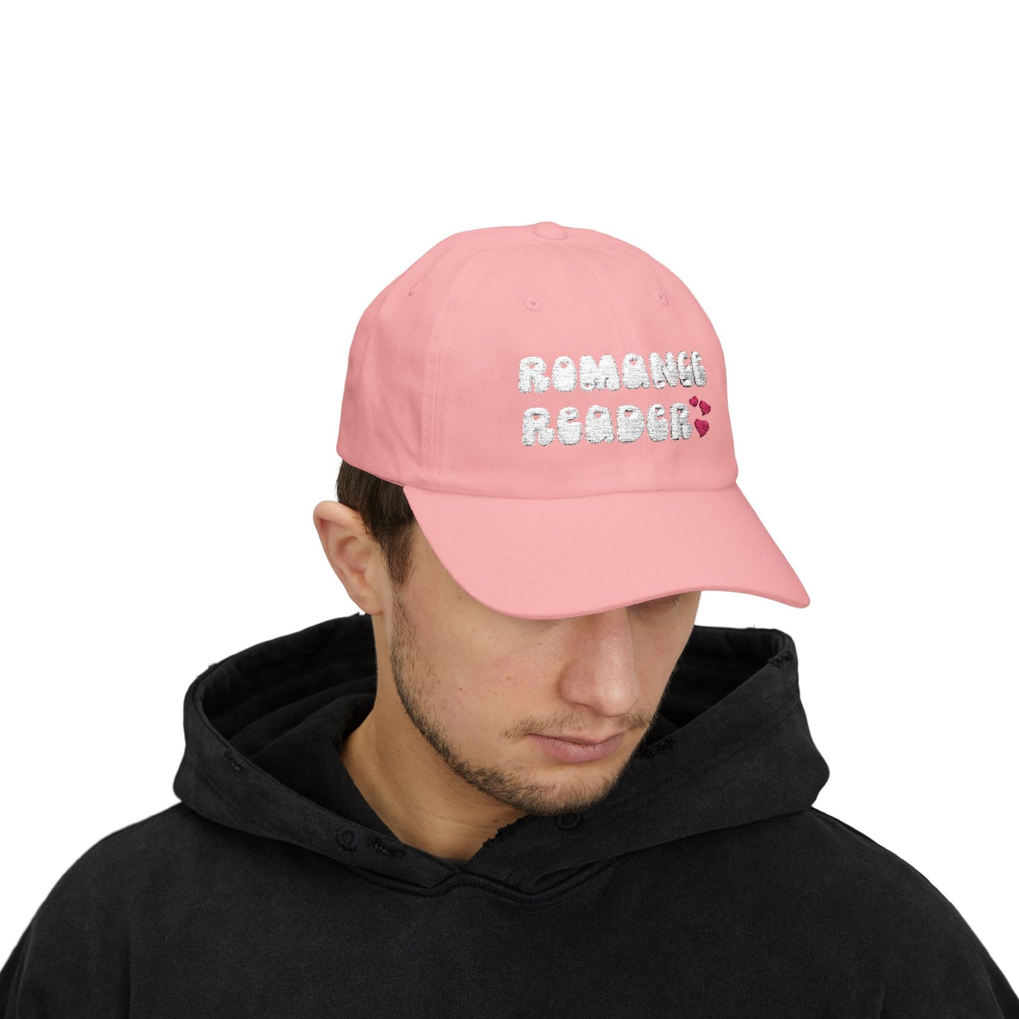 "Romance Reader" - Embroidered Literary Dad Cap (White Text with Maroon Hearts)