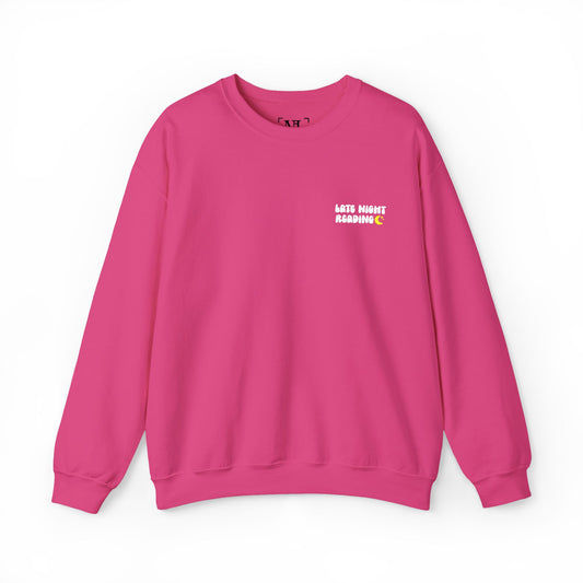 "Late Night Reading - Embroidered Cozy Literary Crewneck Sweatshirt (White Text)