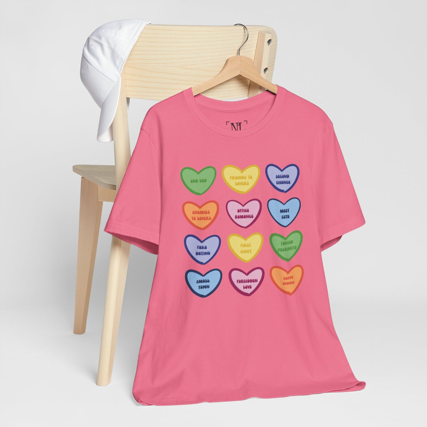 Romance Book Tropes Conversation Heart Graphic Tee — Cute Pastel Candy Hearts with Messages