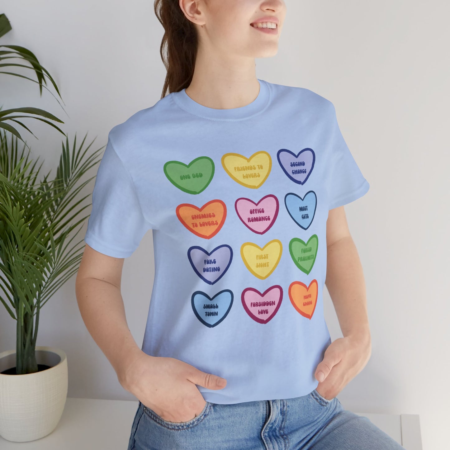 Romance Book Tropes Conversation Heart Graphic Tee — Cute Pastel Candy Hearts with Messages