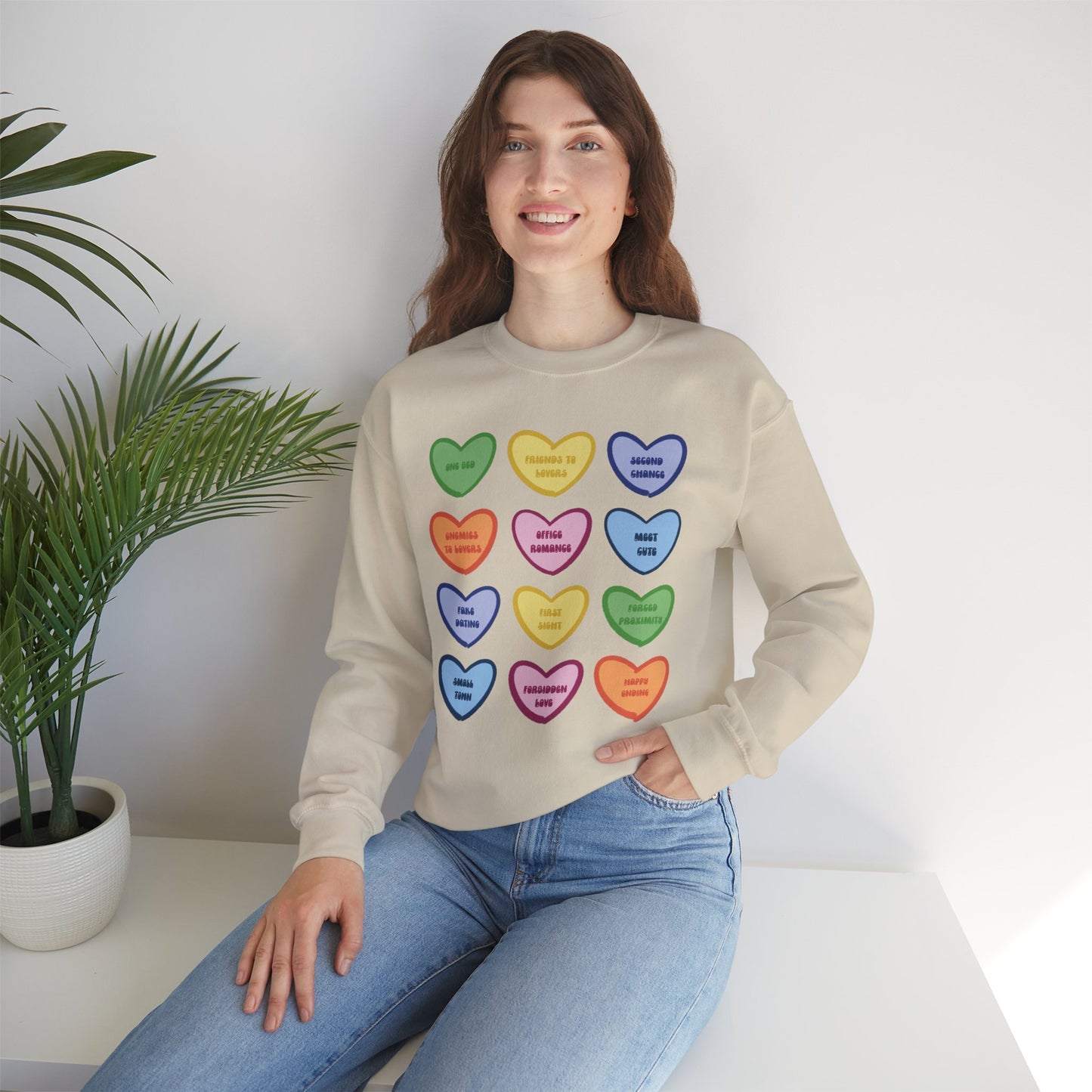 Romance Book Tropes Conversation Heart Sweatshirt — Colorful Valentine Candy Heart Graphic Crewneck