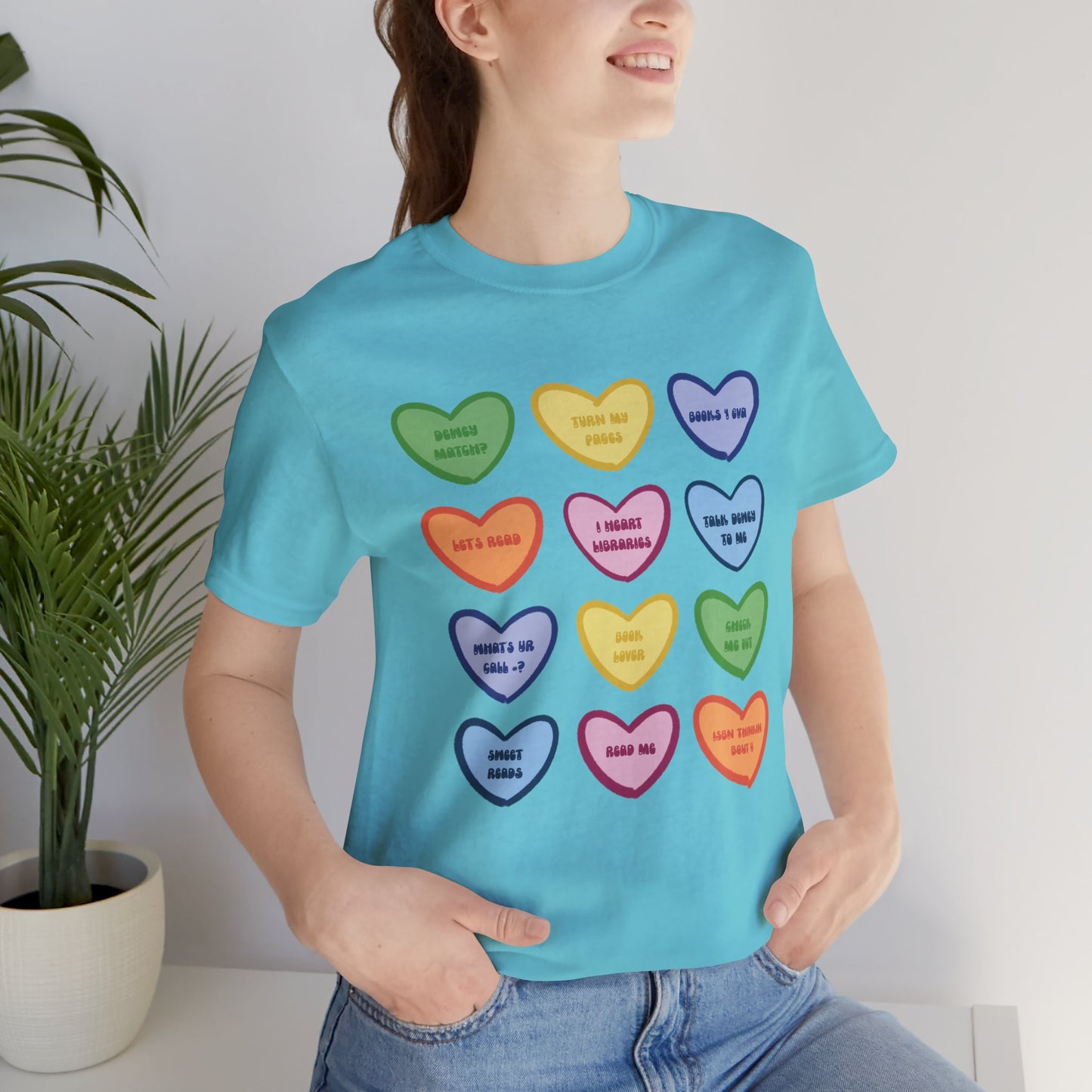 Library Conversation Heart Graphic Tee — Cute Pastel Candy Hearts with Messages