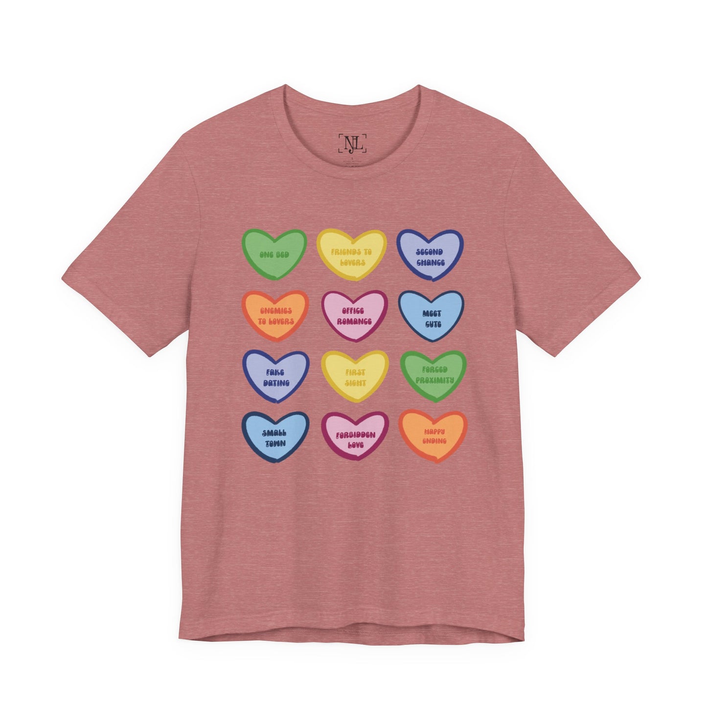 Romance Book Tropes Conversation Heart Graphic Tee — Cute Pastel Candy Hearts with Messages