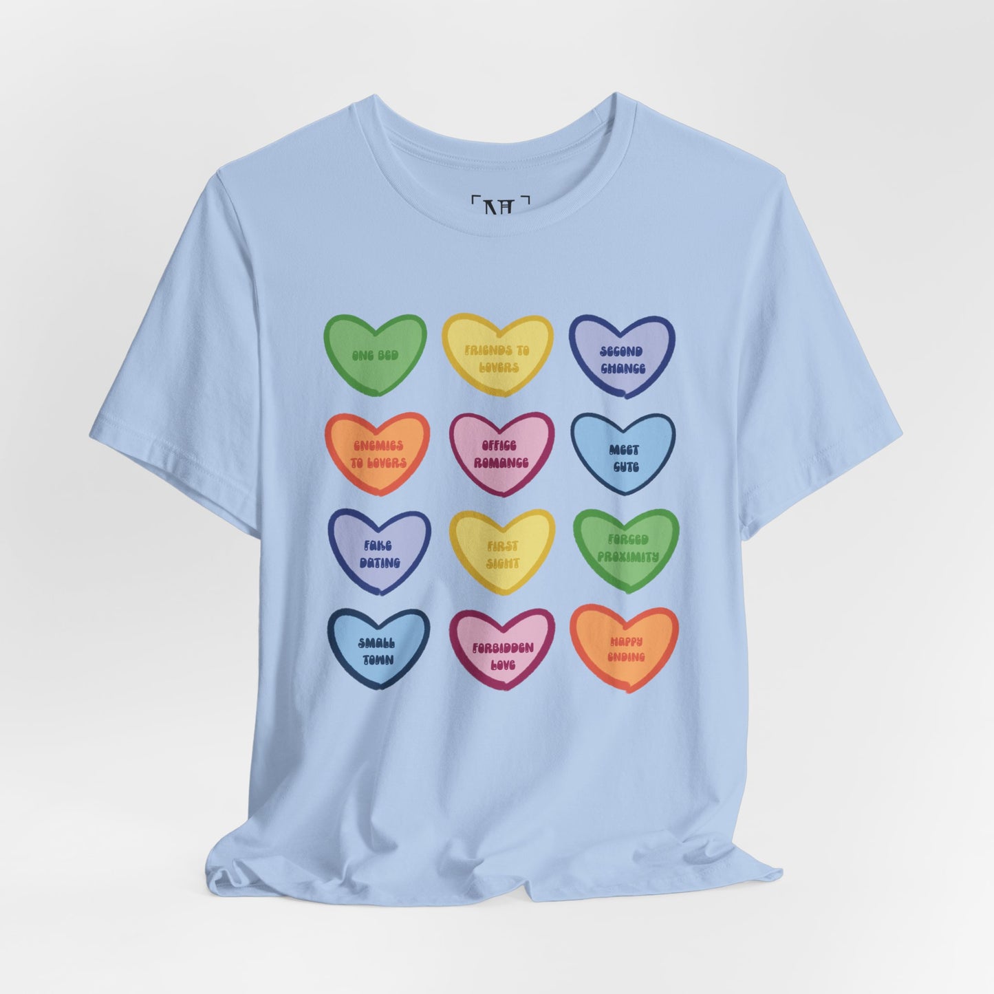 Romance Book Tropes Conversation Heart Graphic Tee — Cute Pastel Candy Hearts with Messages