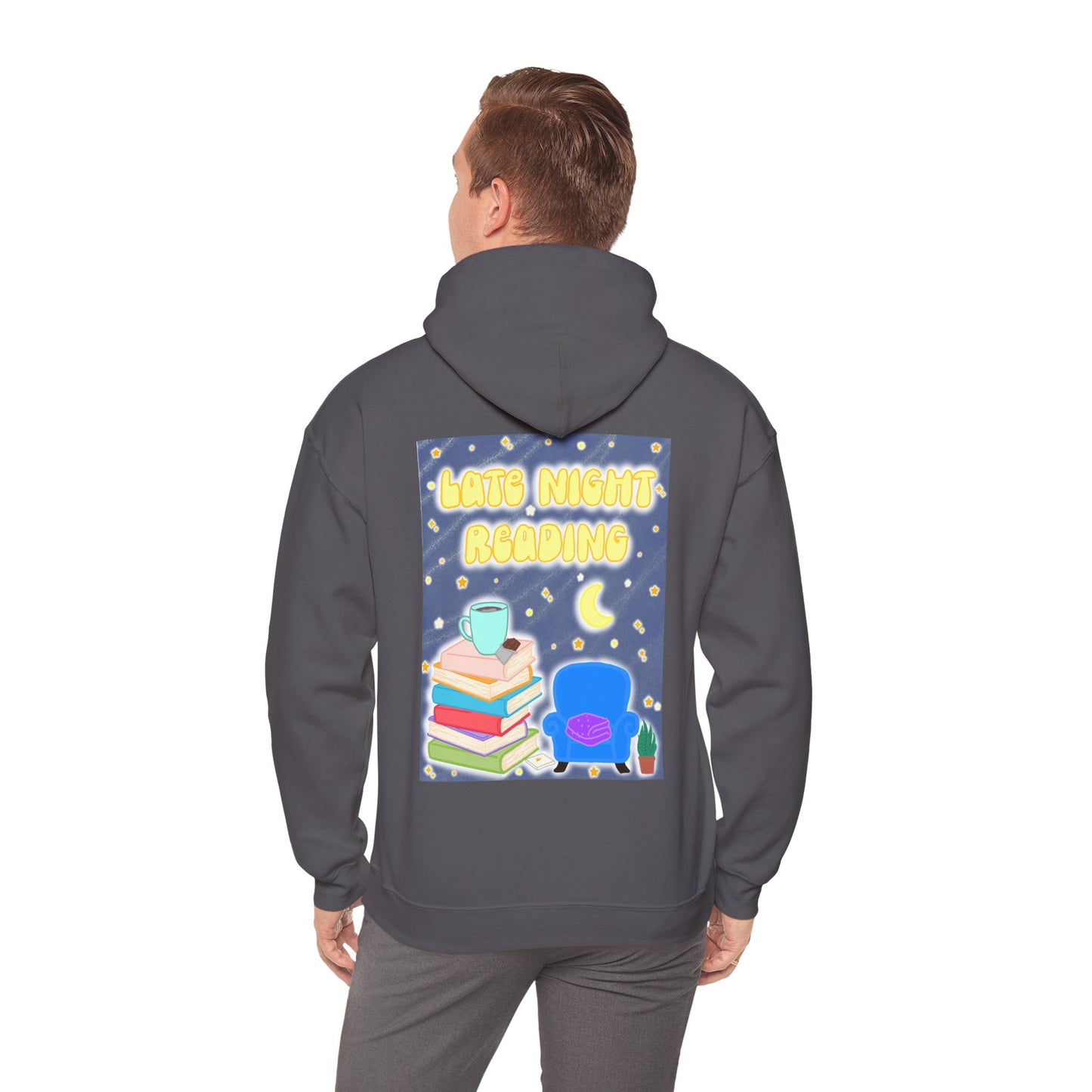 Late Night Reading Hoodie — Cozy Book Lover Pullover with Moon & Books Graphic (White Text)