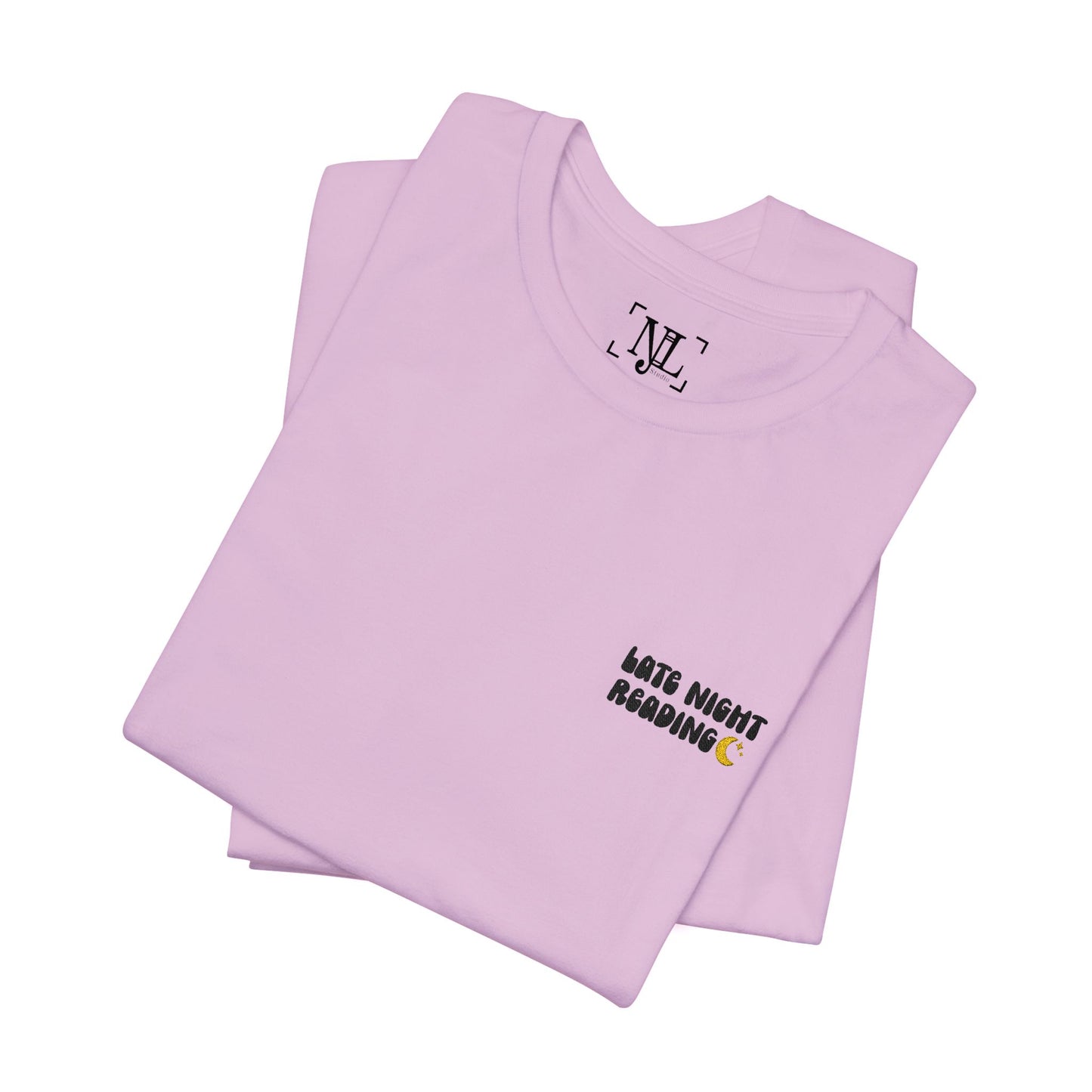Late Night Reading - Embroidered Literary Tee (Black Text)