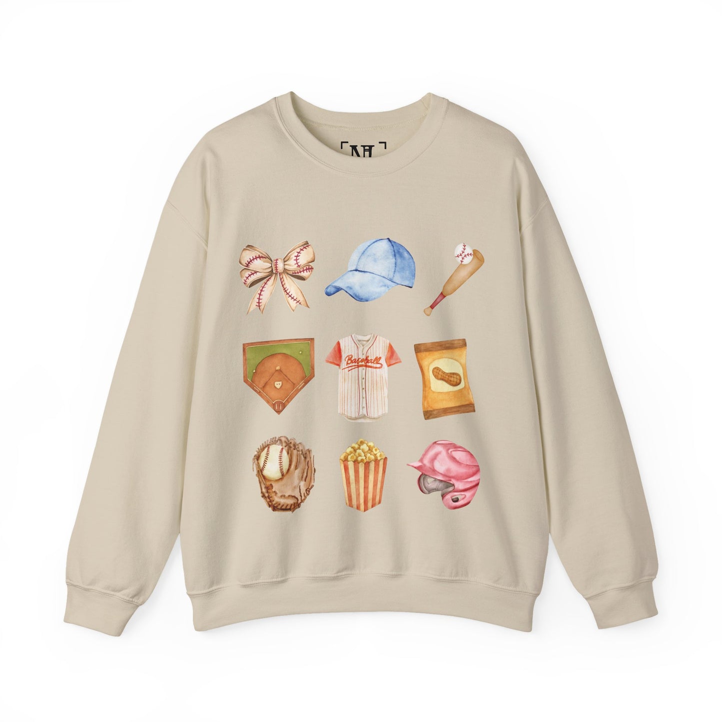 Baseball Icons Crewneck Sweatshirt — Watercolor Baseball Gear Graphic