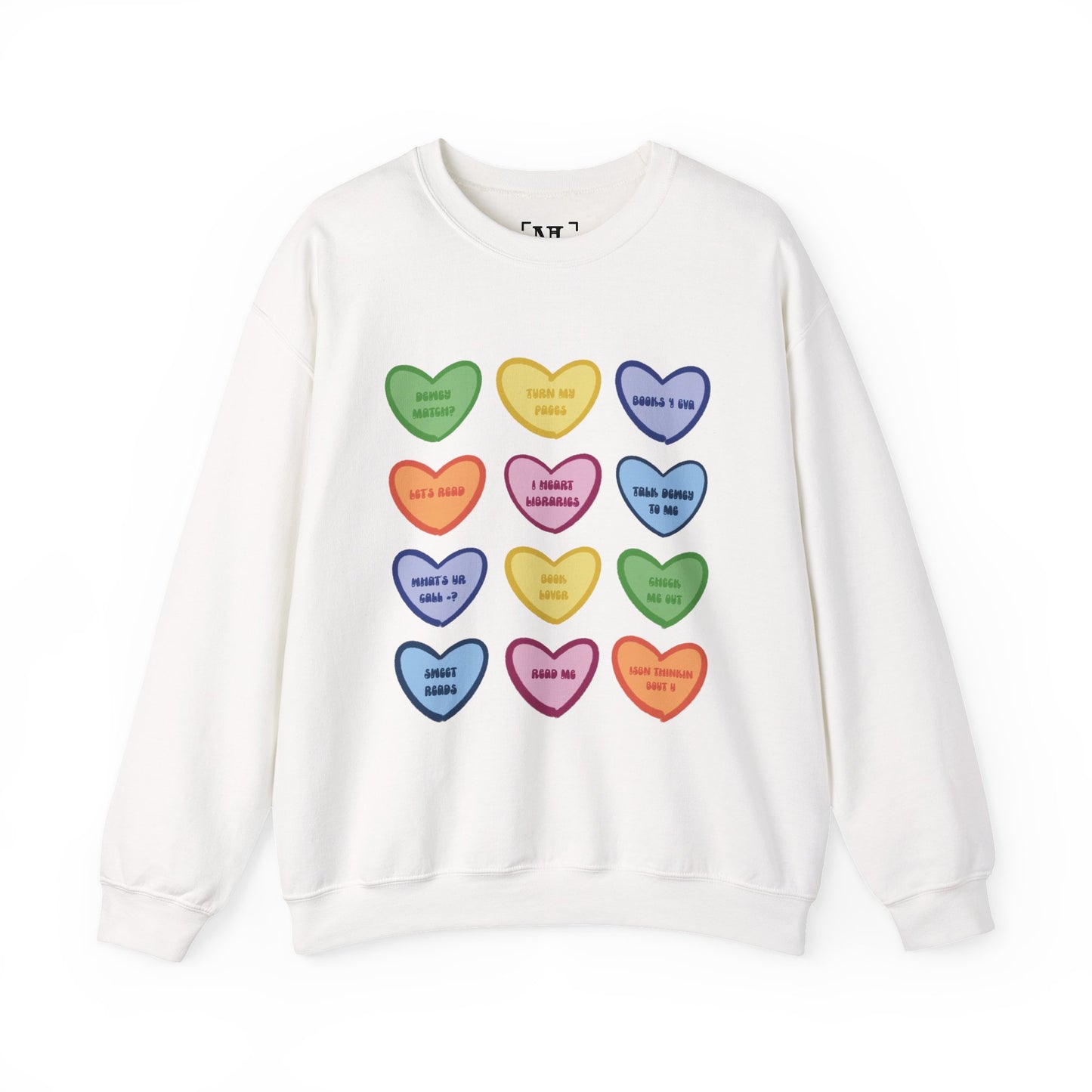 Library Themed Conversation Heart Sweatshirt — Colorful Valentine Candy Heart Graphic Crewneck