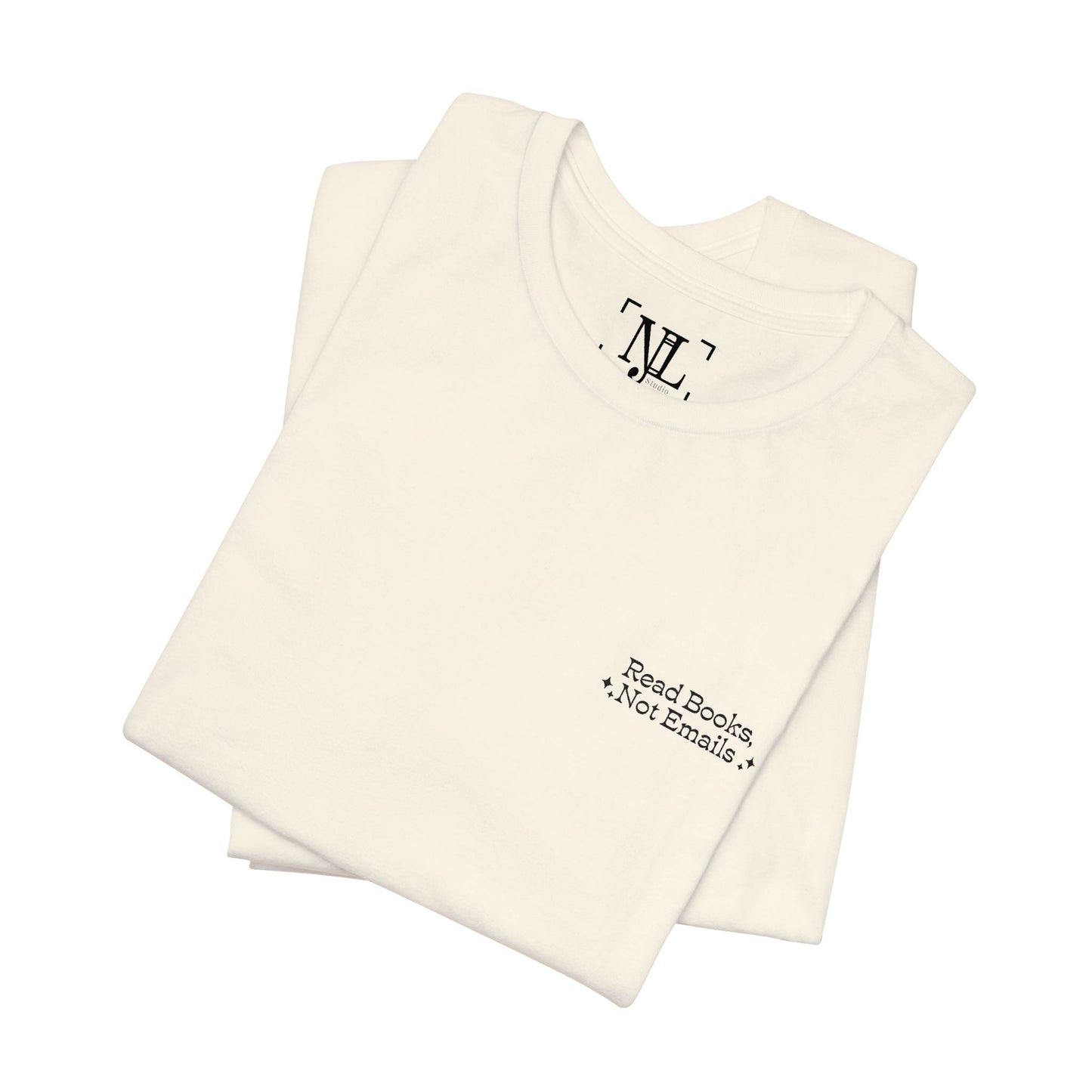 "Read Books, Not Emails - Embroidered Literary Tee (Black Text)