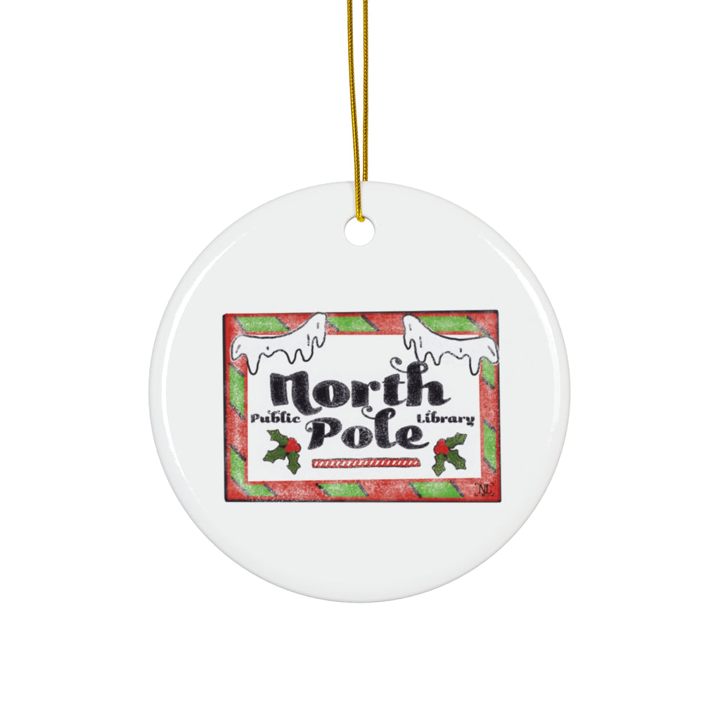 North Pole Library Ceramic Christmas Ornament