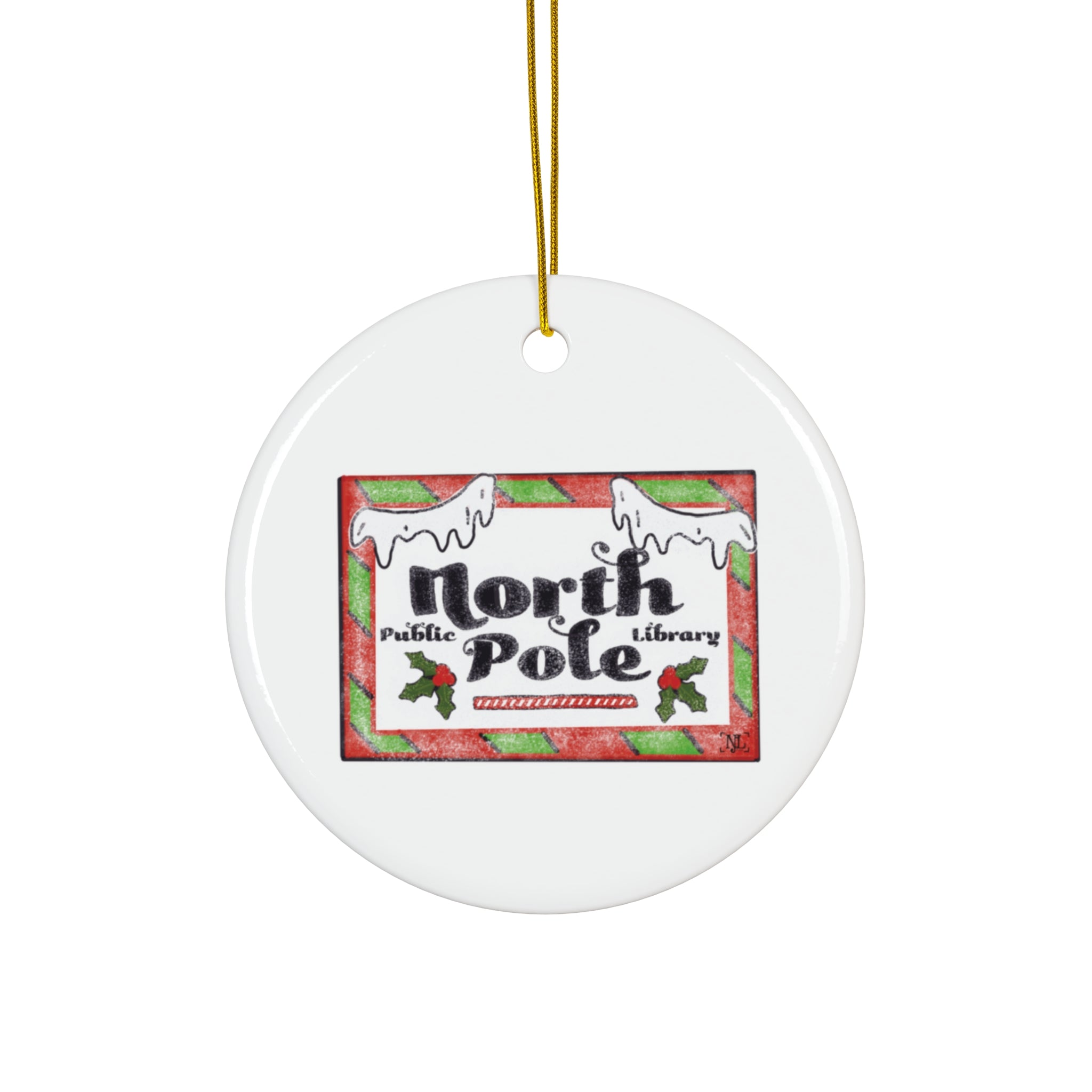 North Pole Library Ceramic Christmas Ornament