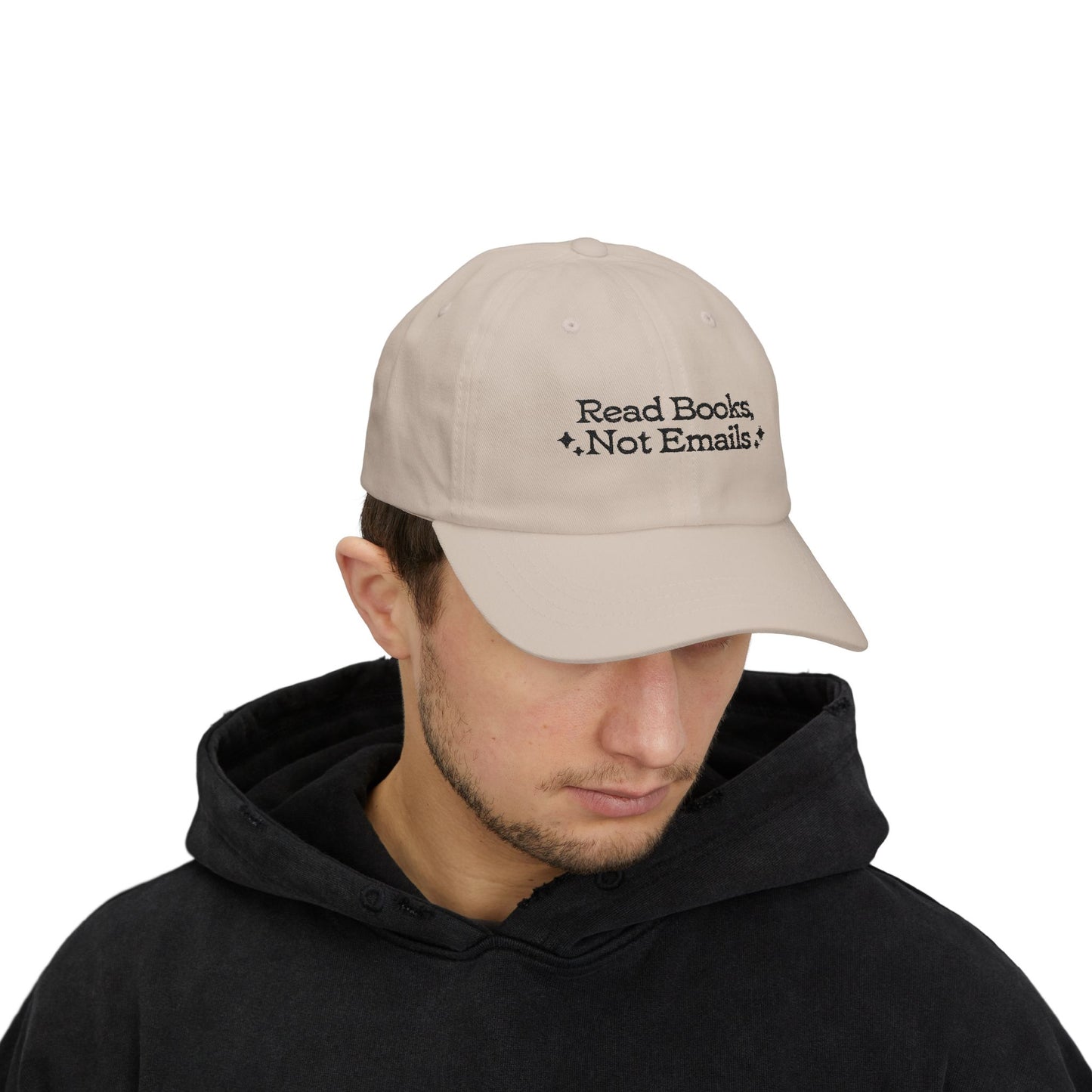 "Read Books Not Emails" - Embroidered Literary Dad Baseball Cap (Black Text)