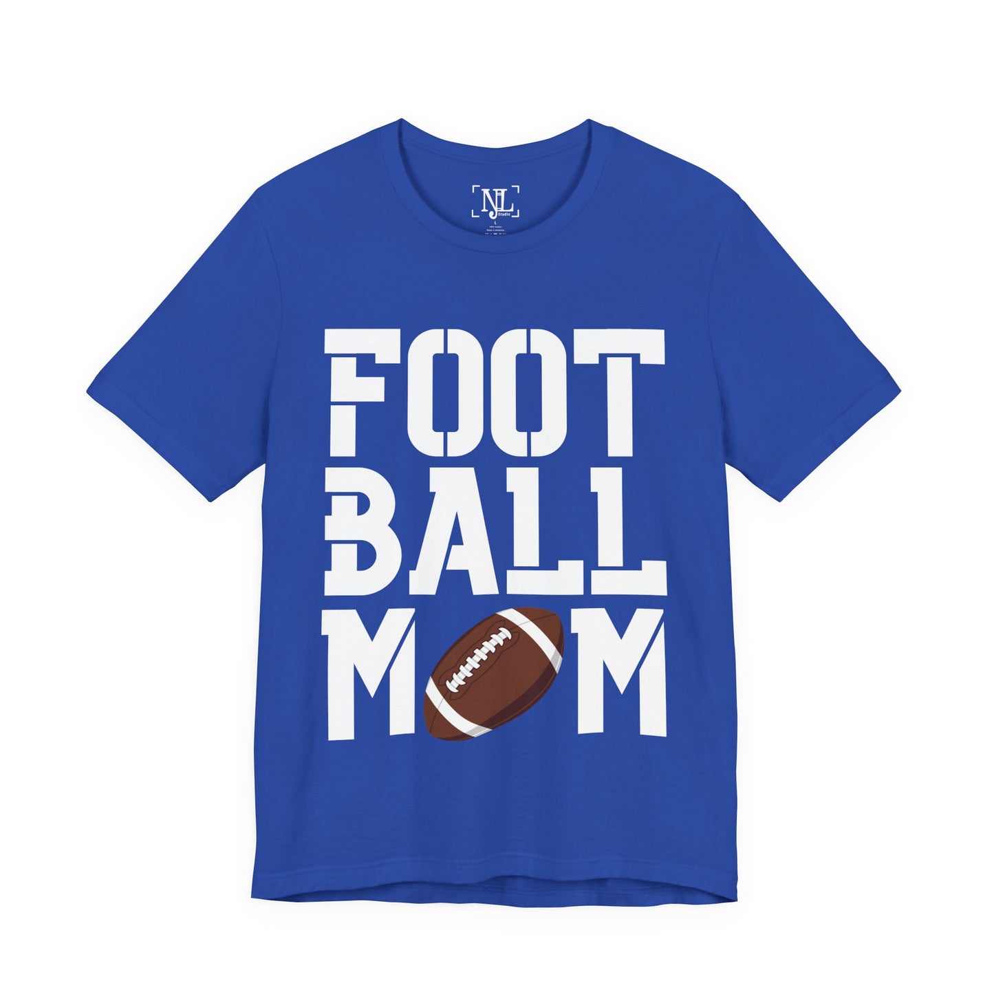 Football Mom T-Shirt – Bold Stacked Text with Football Graphic (White Text)