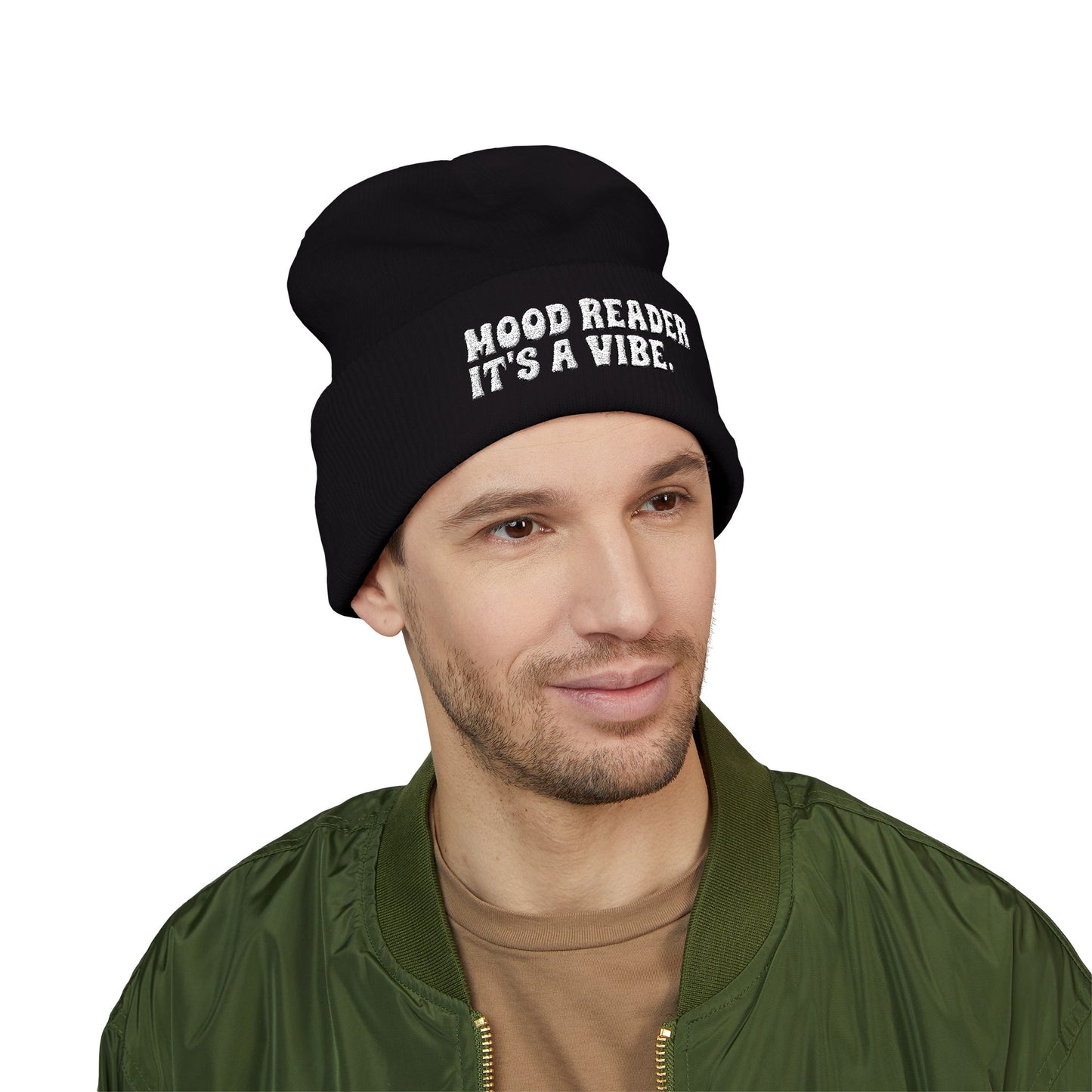 "Mood Reader It's a Vibe." - Embroidered Literary Cuffed Beanie (White Text)