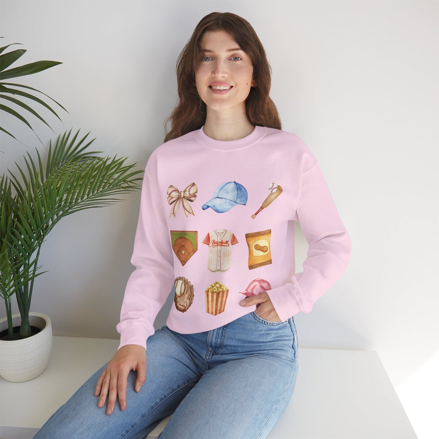 Baseball Icons Crewneck Sweatshirt — Watercolor Baseball Gear Graphic